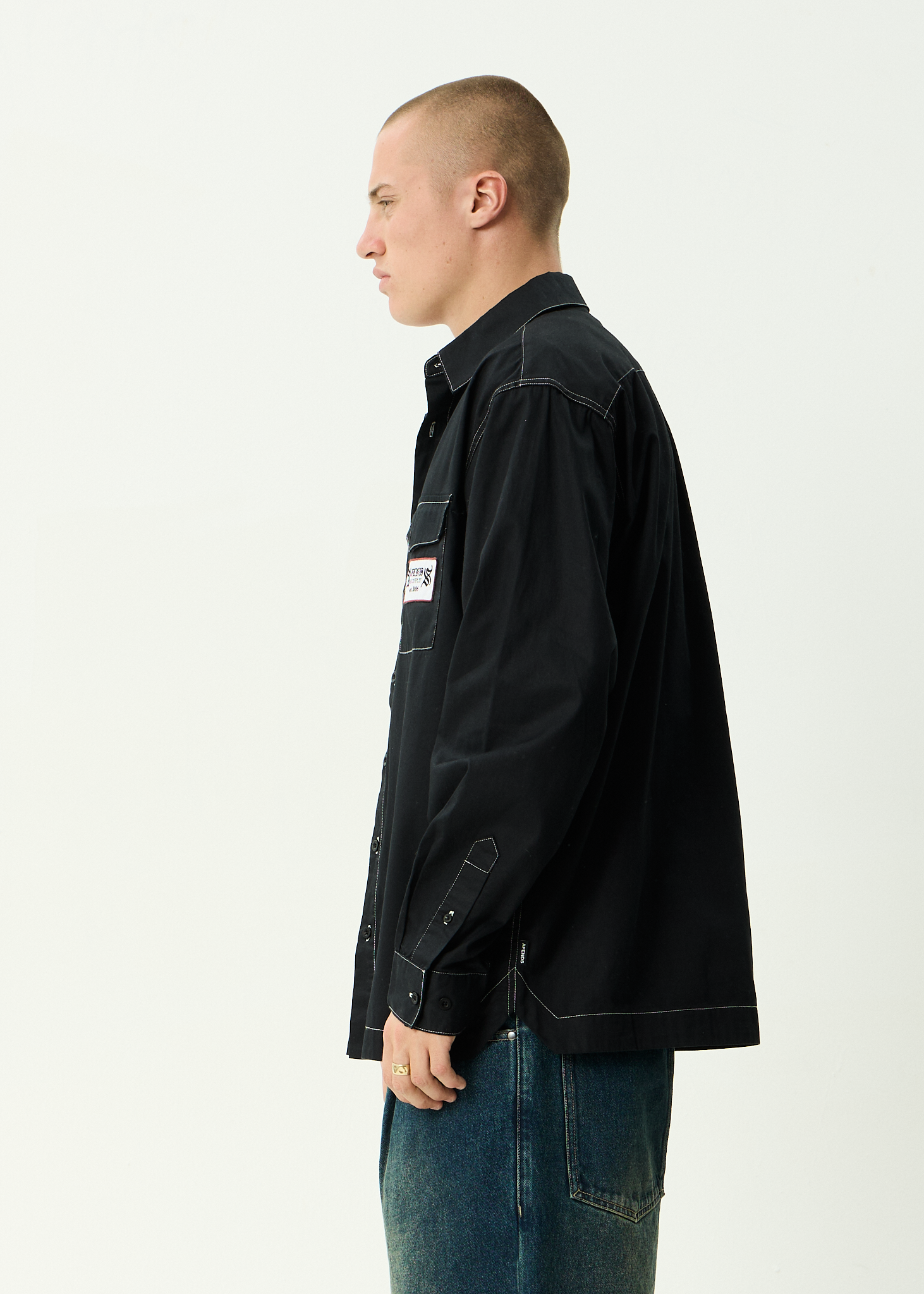 AFENDS Mens Supply - Long Sleeve Workwear Shirt - Black