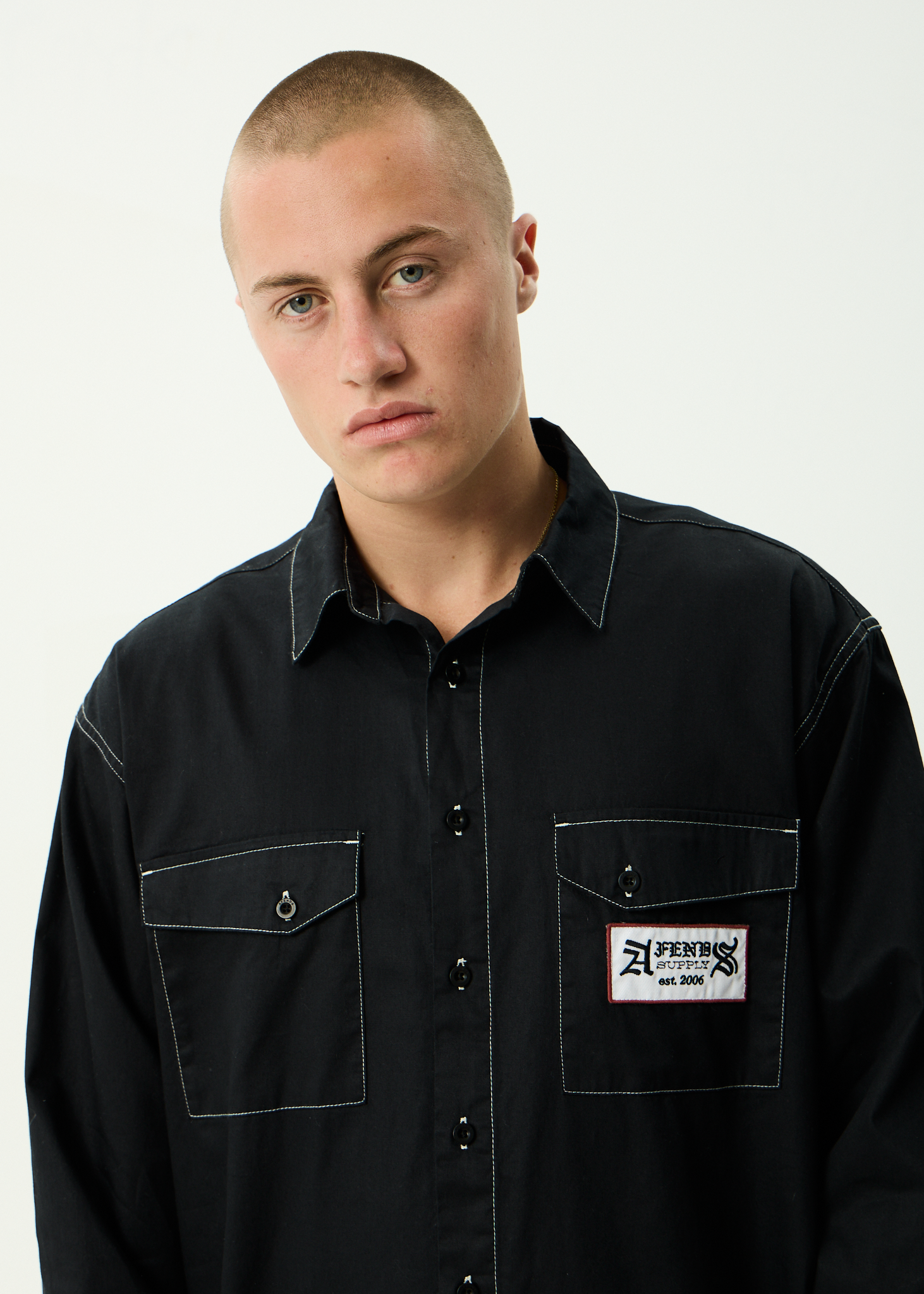 AFENDS Mens Supply - Long Sleeve Workwear Shirt - Black
