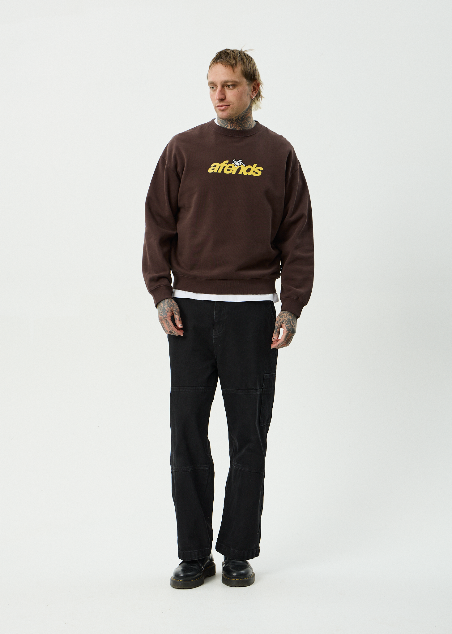 AFENDS Mens Angel Boy - Recycled Crew Neck - Washed Coffee