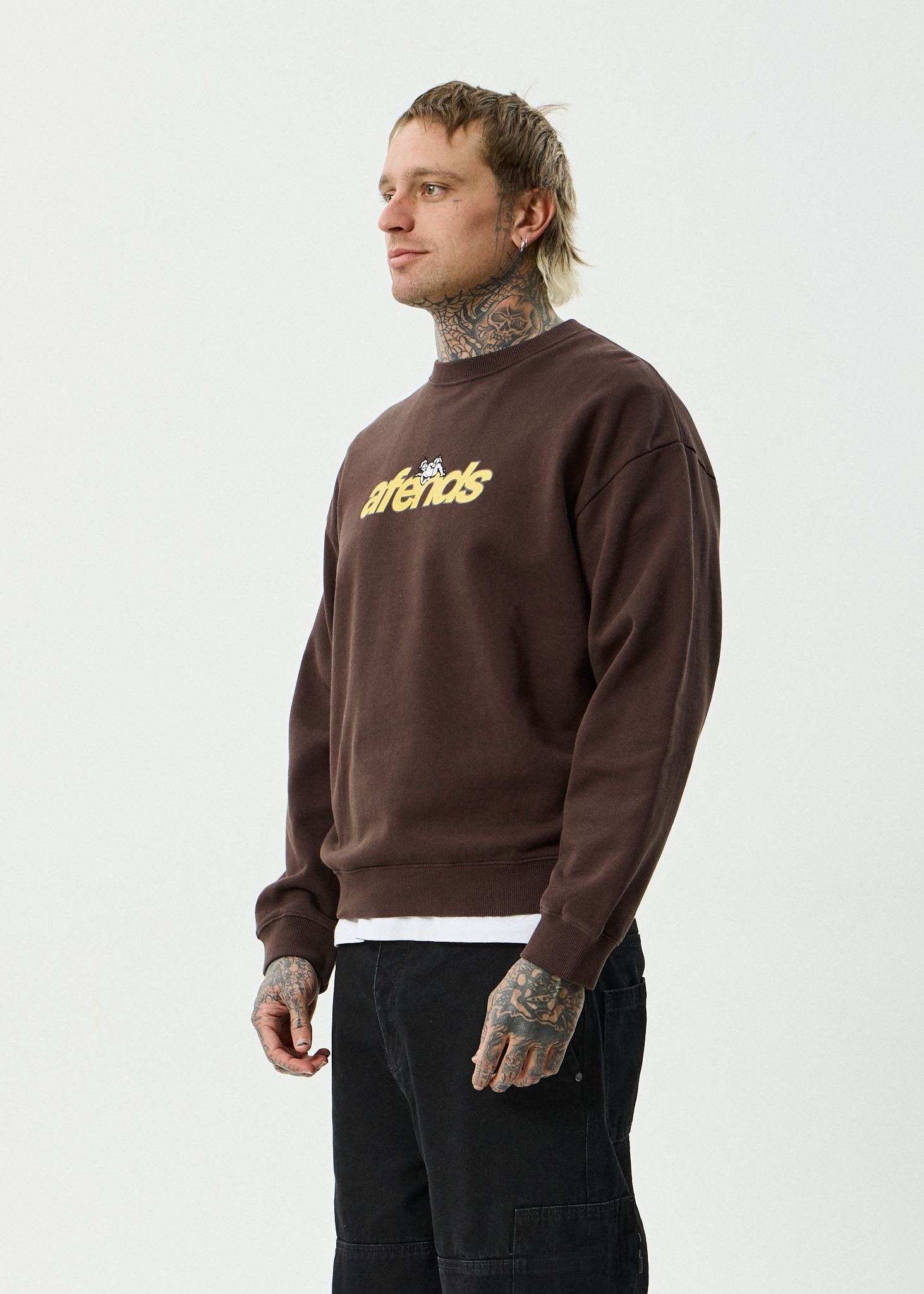 AFENDS Mens Angel Boy - Recycled Crew Neck - Washed Coffee