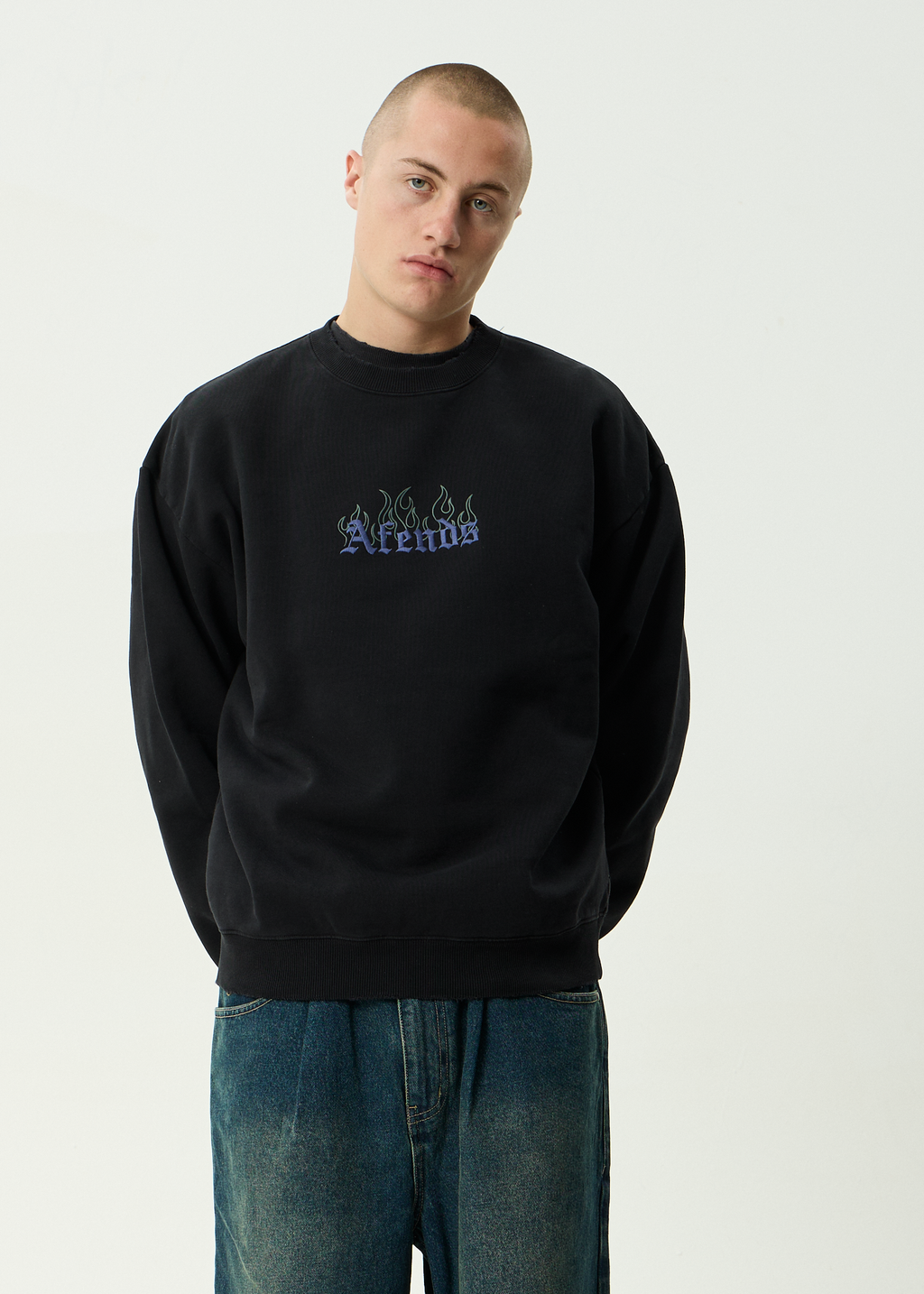 AFENDS Mens Temporal - Heavyweight Crew Neck - Stone Black