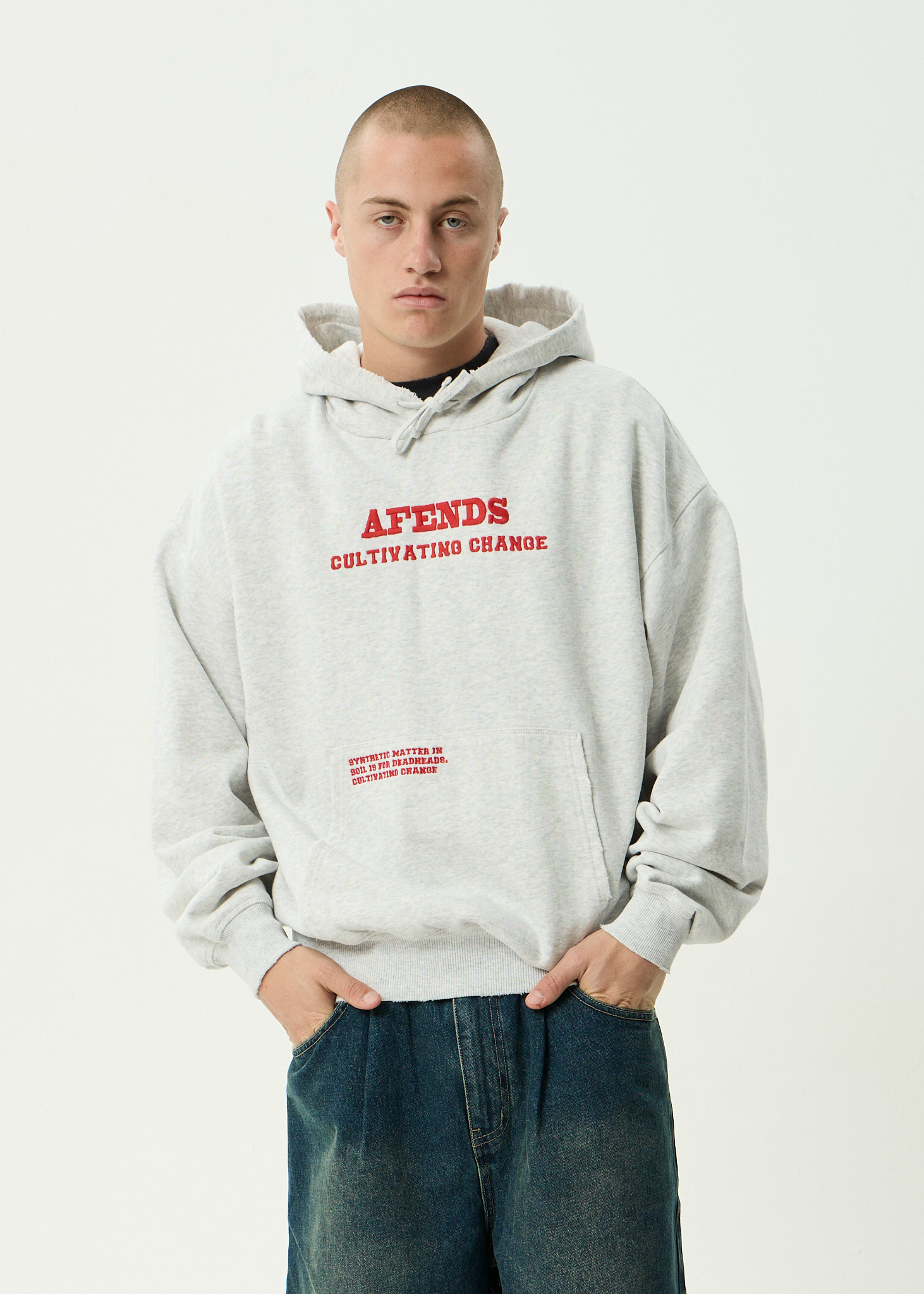 AFENDS Mens Wonders - Recycled Boxy Pull On Hood - Grey Marle