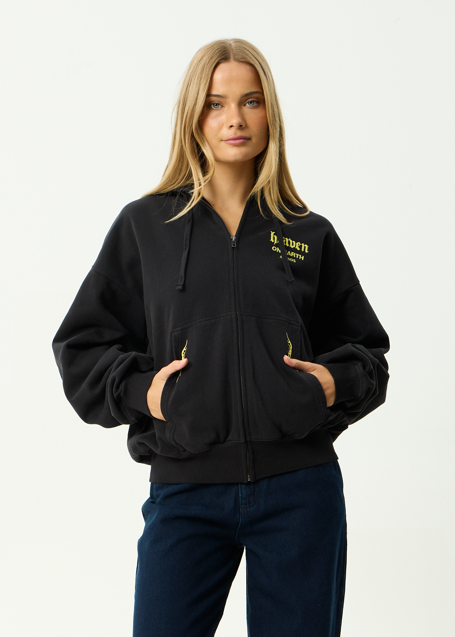 AFENDS Mens Heaven - Recycled Boxy Zip Hood - Stone Black