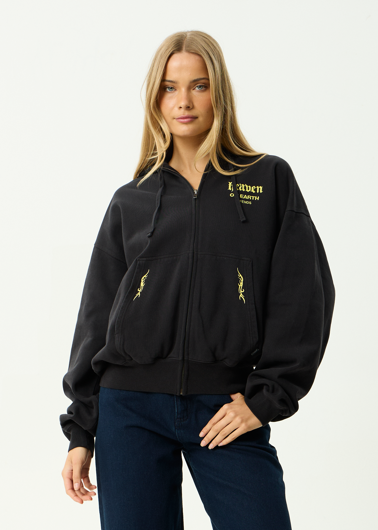 AFENDS Mens Heaven - Recycled Boxy Zip Hood - Stone Black