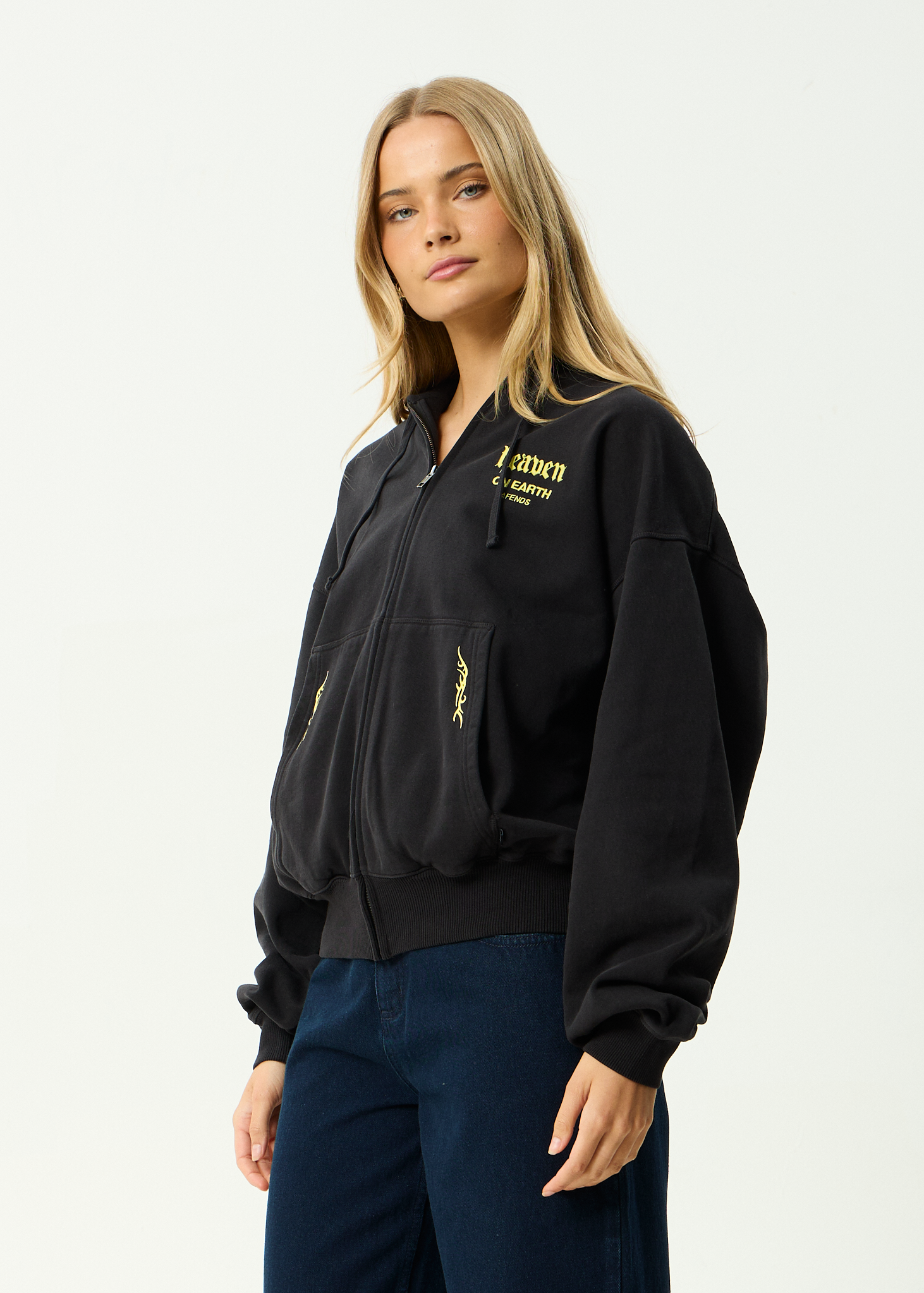 AFENDS Mens Heaven - Recycled Boxy Zip Hood - Stone Black