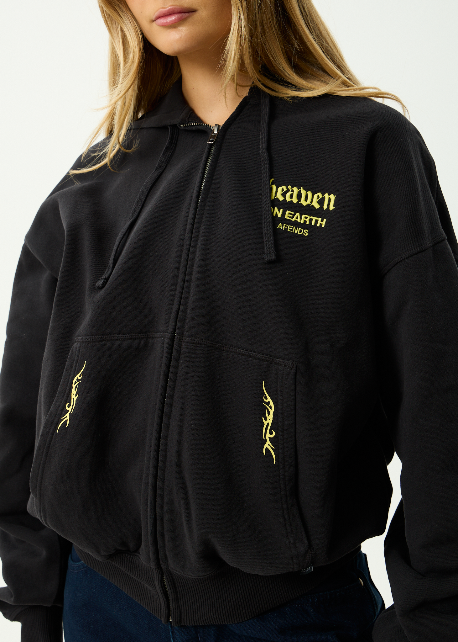 AFENDS Mens Heaven - Recycled Boxy Zip Hood - Stone Black