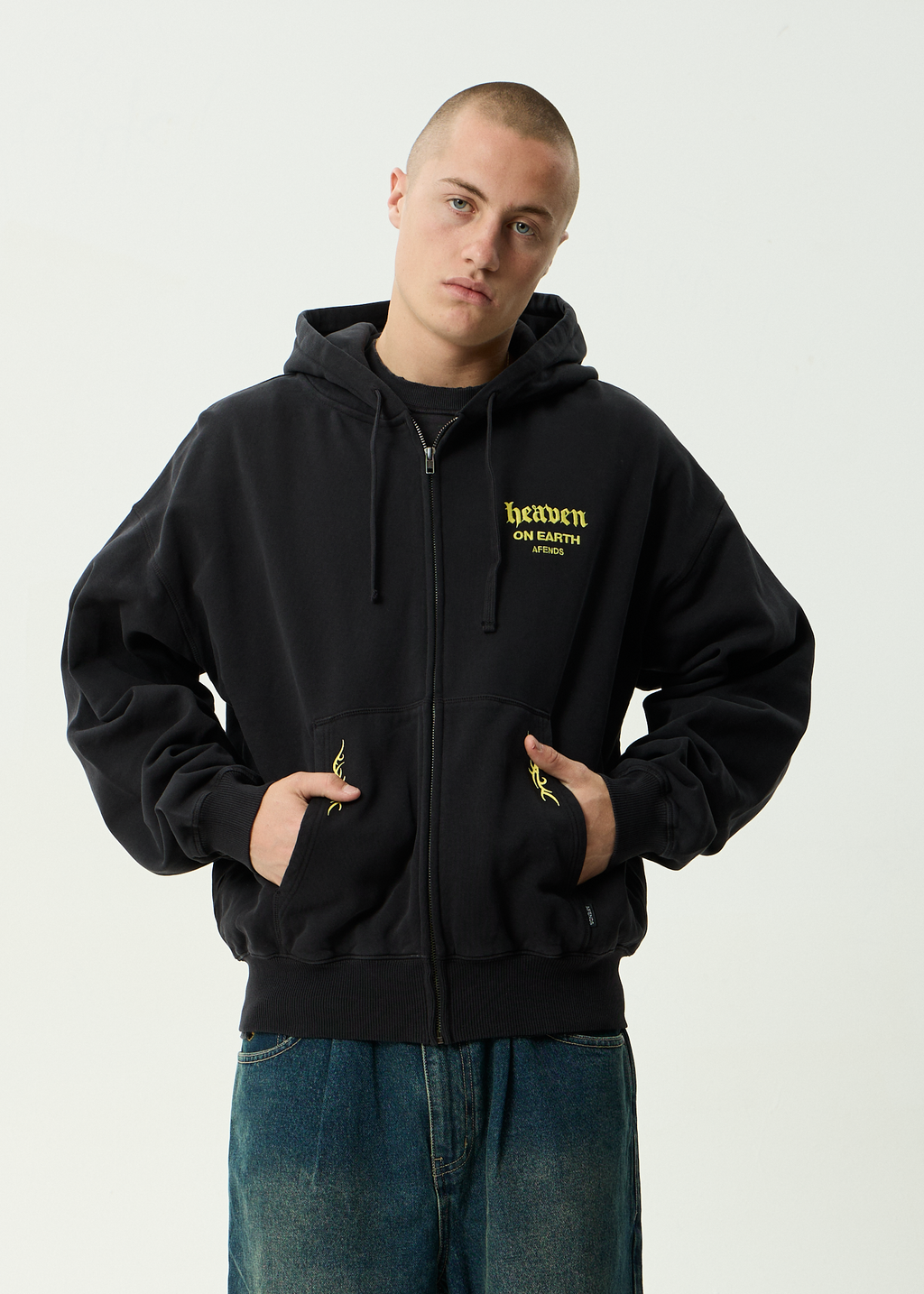 AFENDS Mens Heaven - Boxy Zip Hood - Stone Black