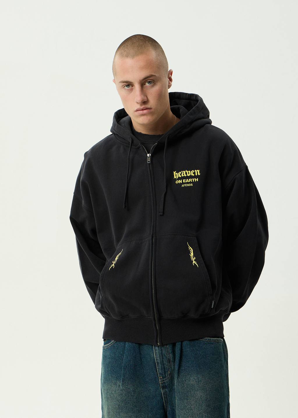 AFENDS Mens Heaven - Boxy Zip Hood - Stone Black