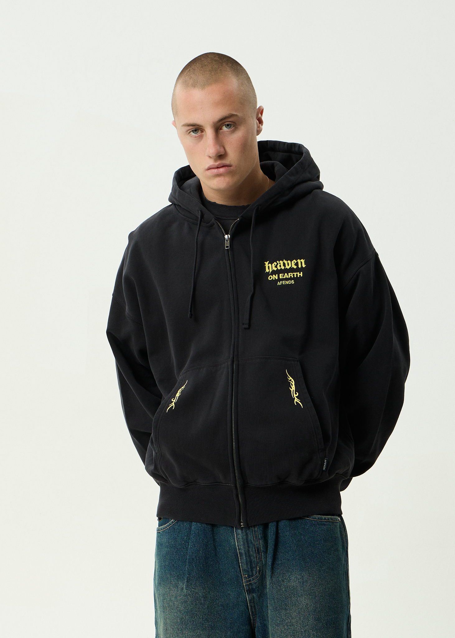 AFENDS Mens Heaven - Recycled Boxy Zip Hood - Stone Black