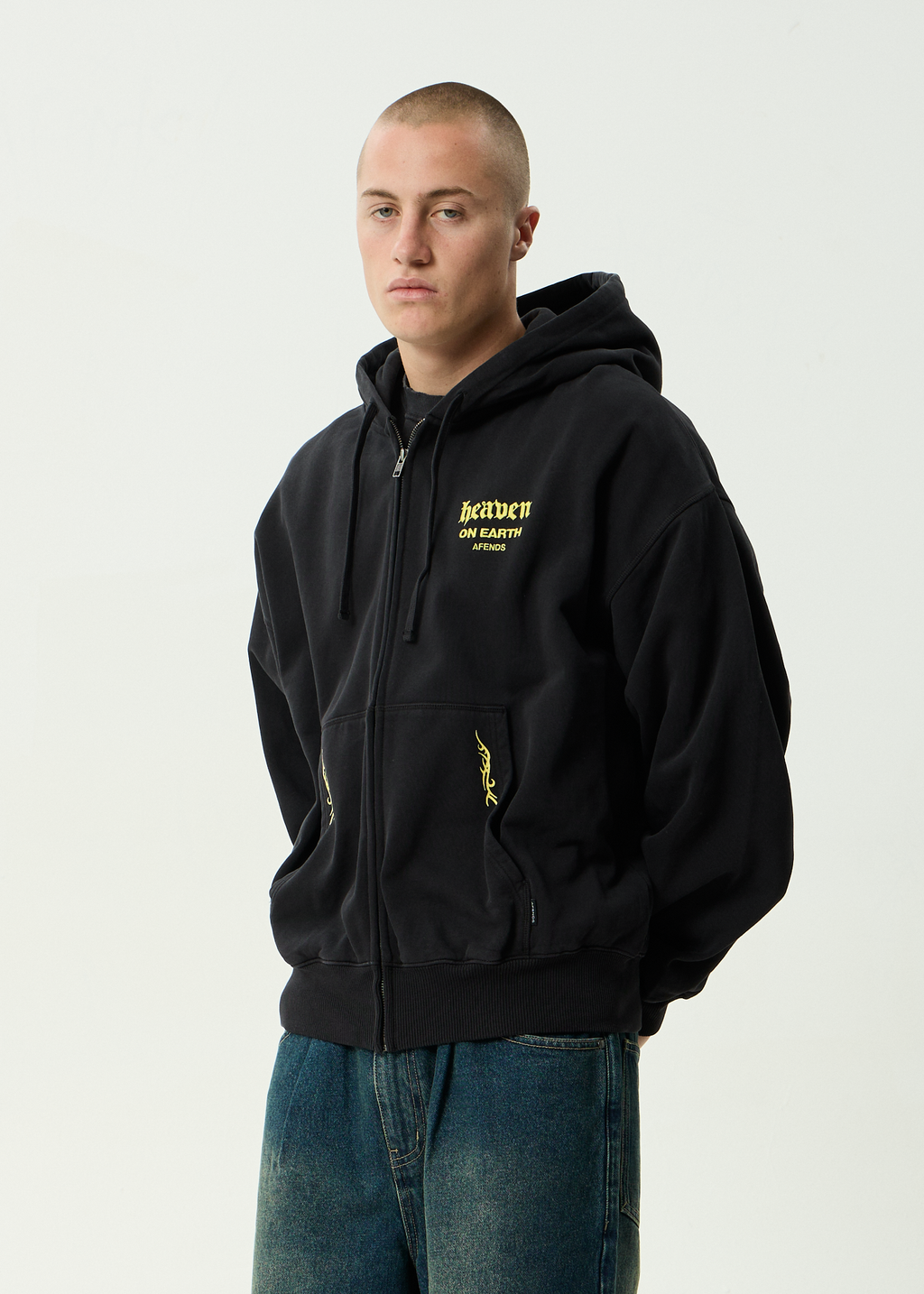 AFENDS Mens Heaven - Boxy Zip Hood - Stone Black