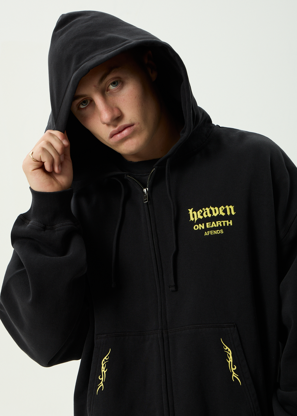 AFENDS Mens Heaven - Boxy Zip Hood - Stone Black