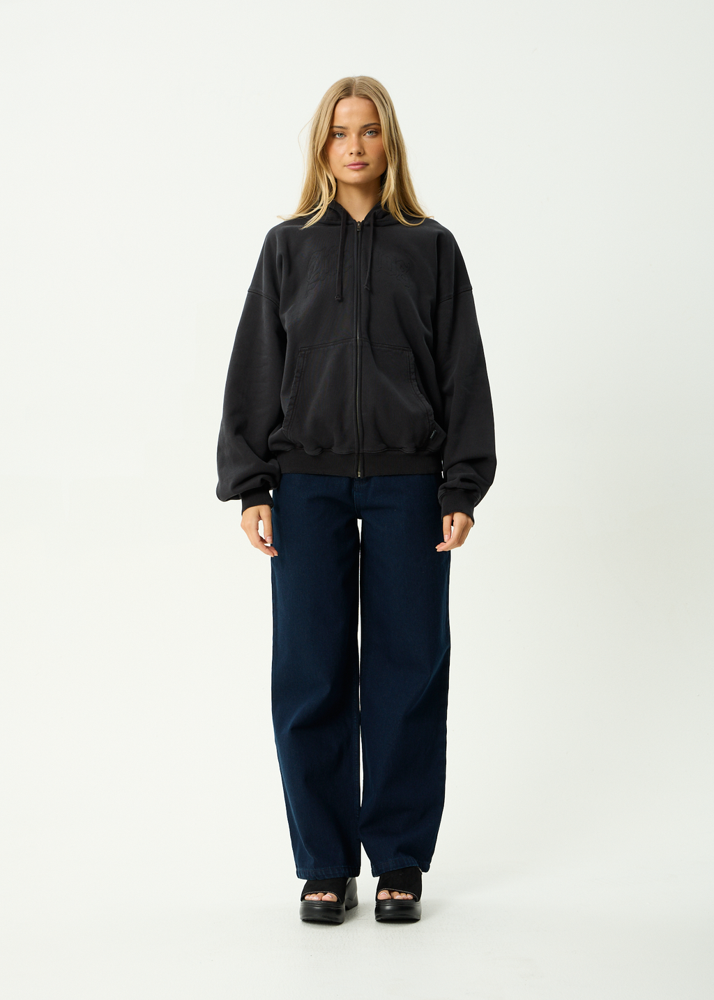 AFENDS Mens Residence - Recycled Heavyweight Boxy Zip Hood - Stone Black