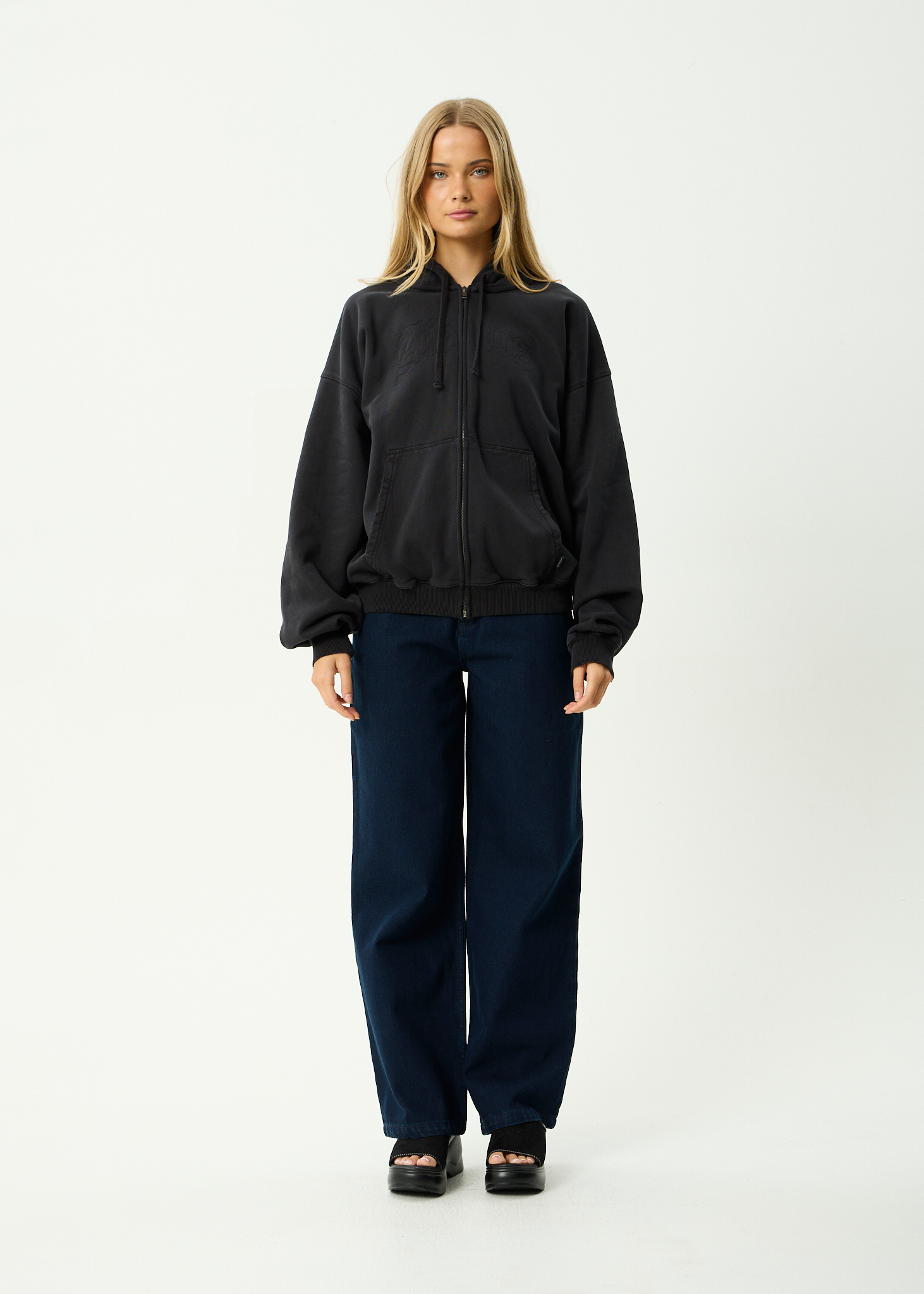 AFENDS Mens Residence - Recycled Heavyweight Boxy Zip Hood - Stone Black