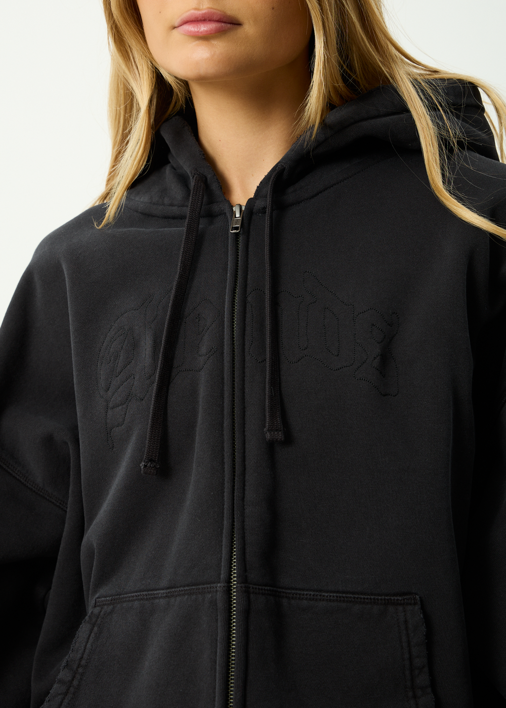 AFENDS Mens Residence - Recycled Heavyweight Boxy Zip Hood - Stone Black