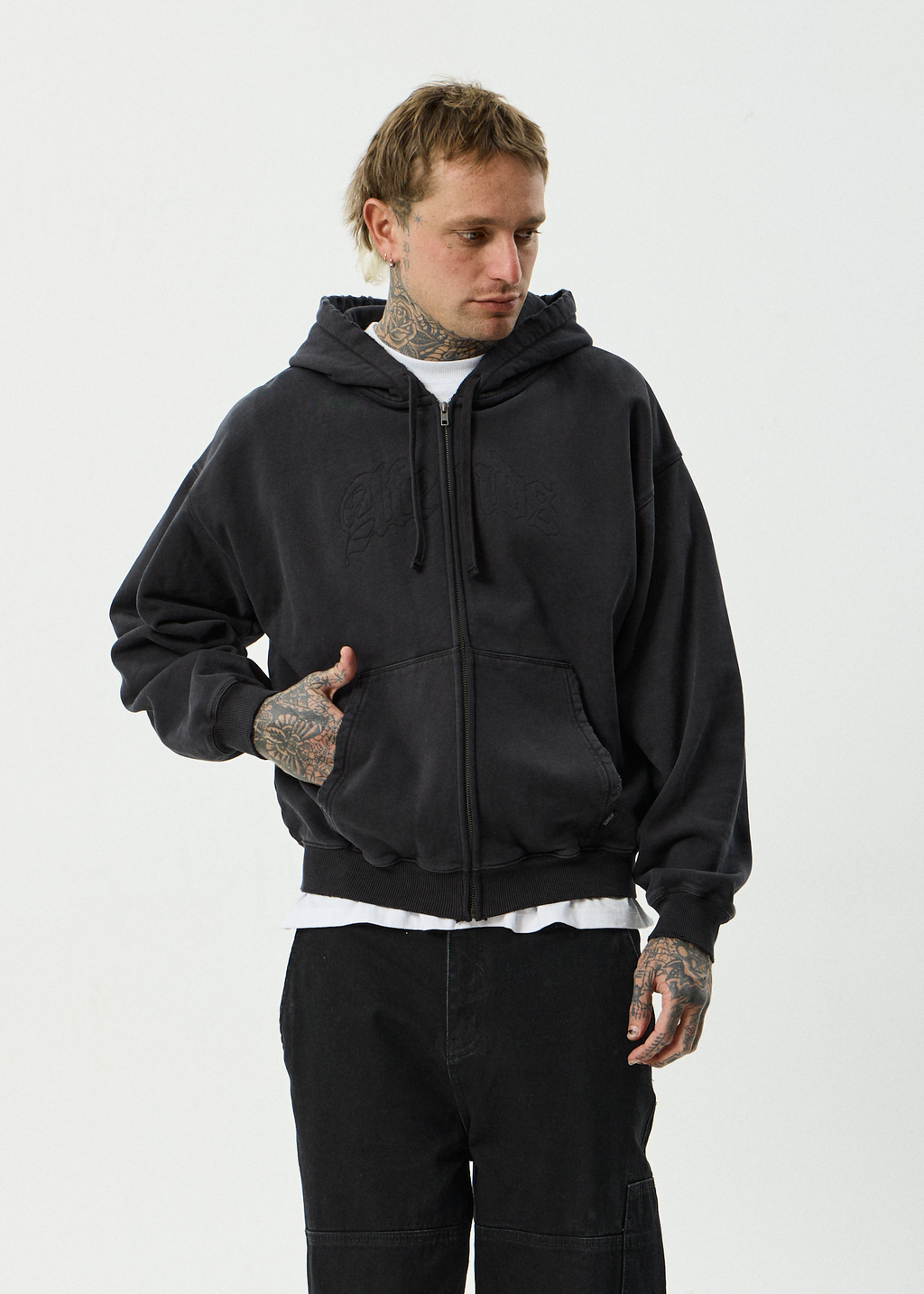 AFENDS Mens Residence - Heavyweight Boxy Zip Hood - Stone Black