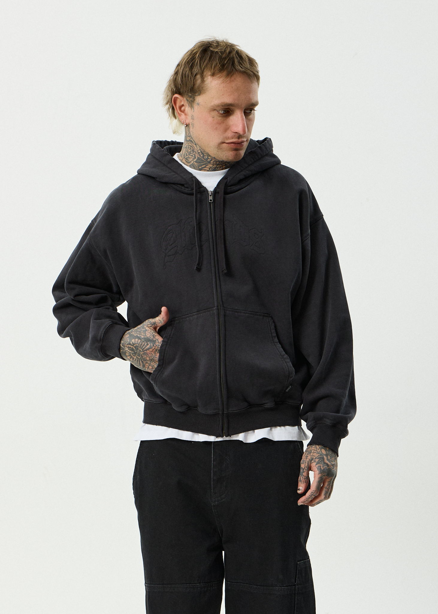 AFENDS Mens Residence - Recycled Heavyweight Boxy Zip Hood - Stone Black