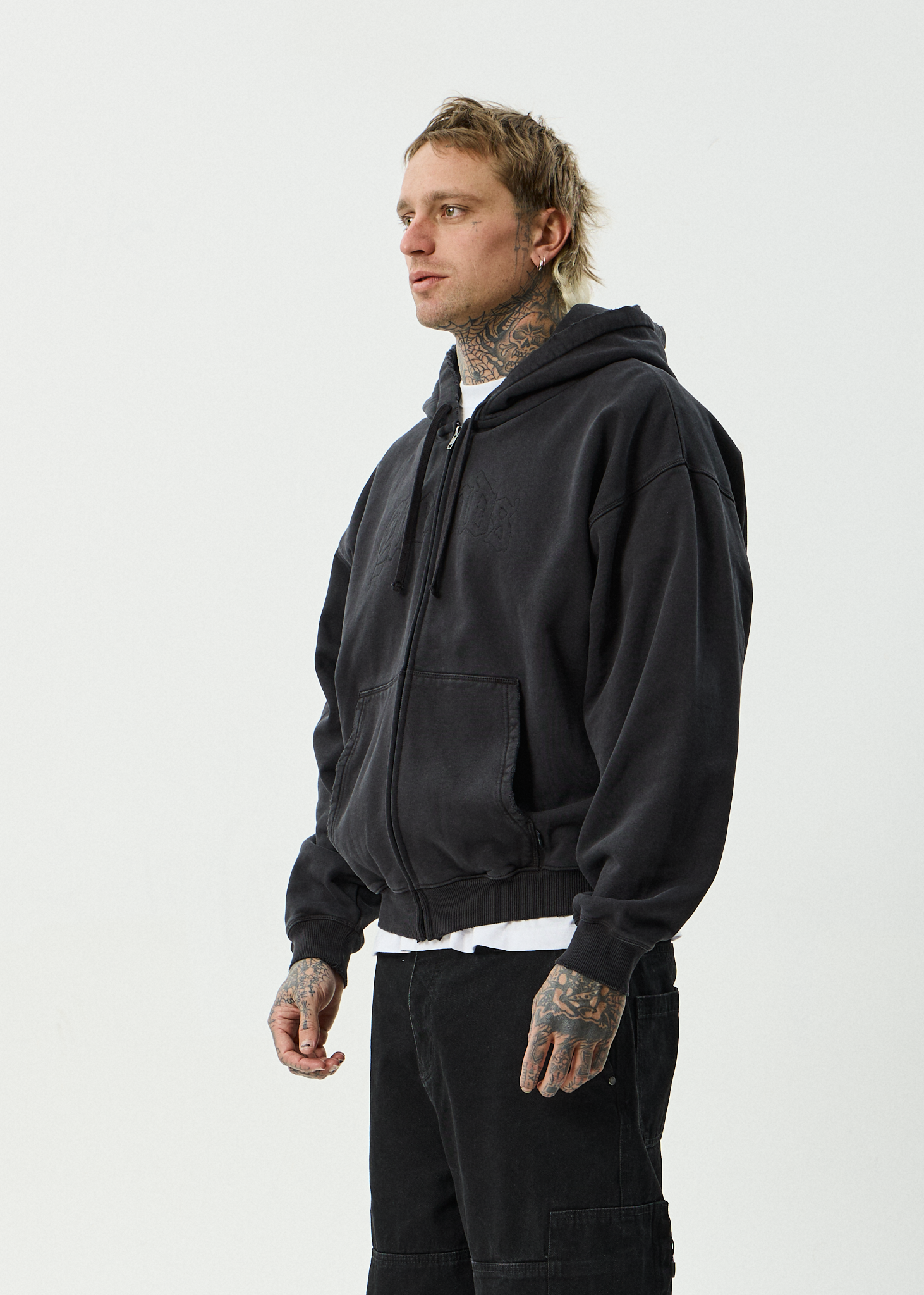 AFENDS Mens Residence - Recycled Heavyweight Boxy Zip Hood - Stone Black