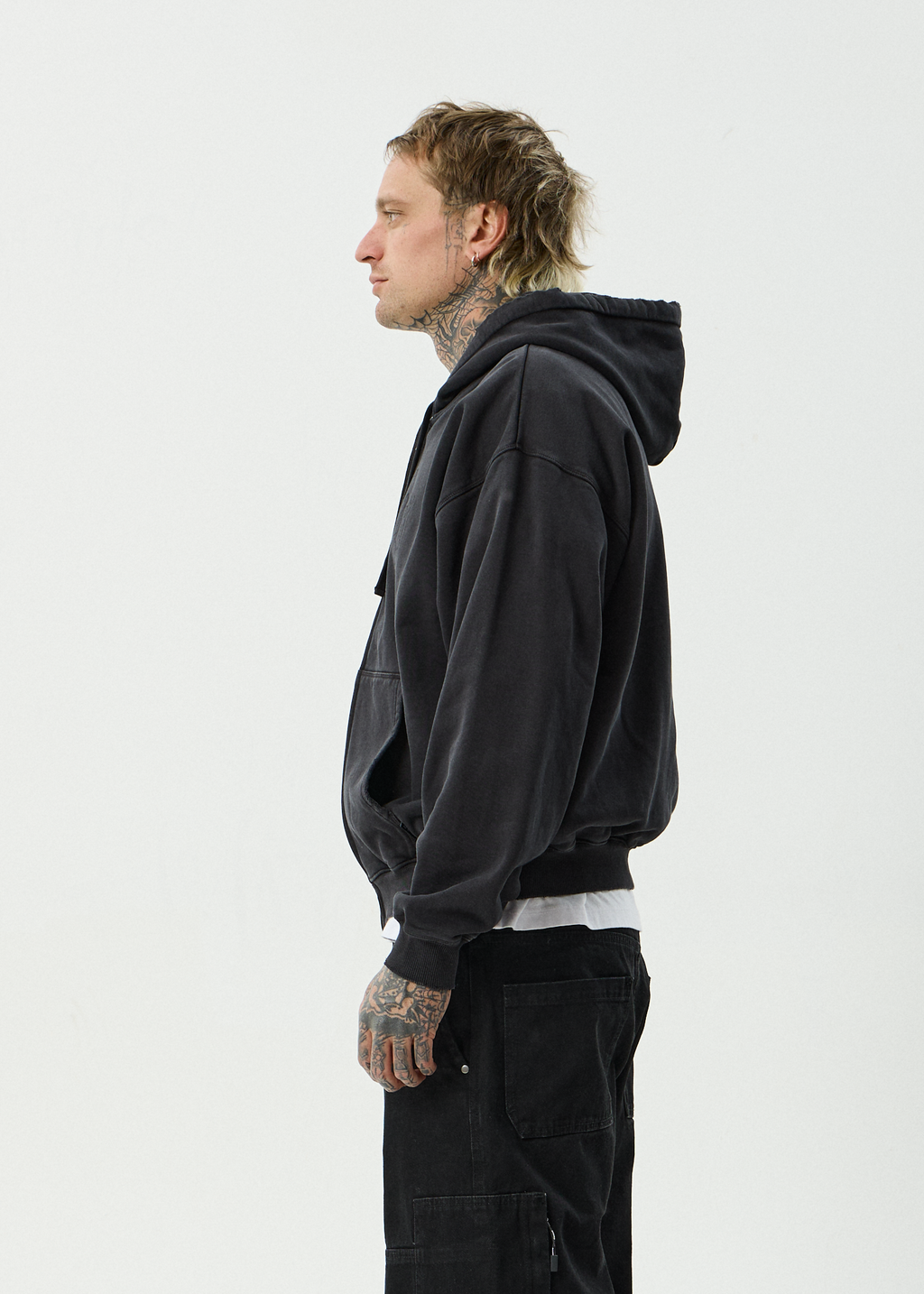 AFENDS Mens Residence - Heavyweight Boxy Zip Hood - Stone Black