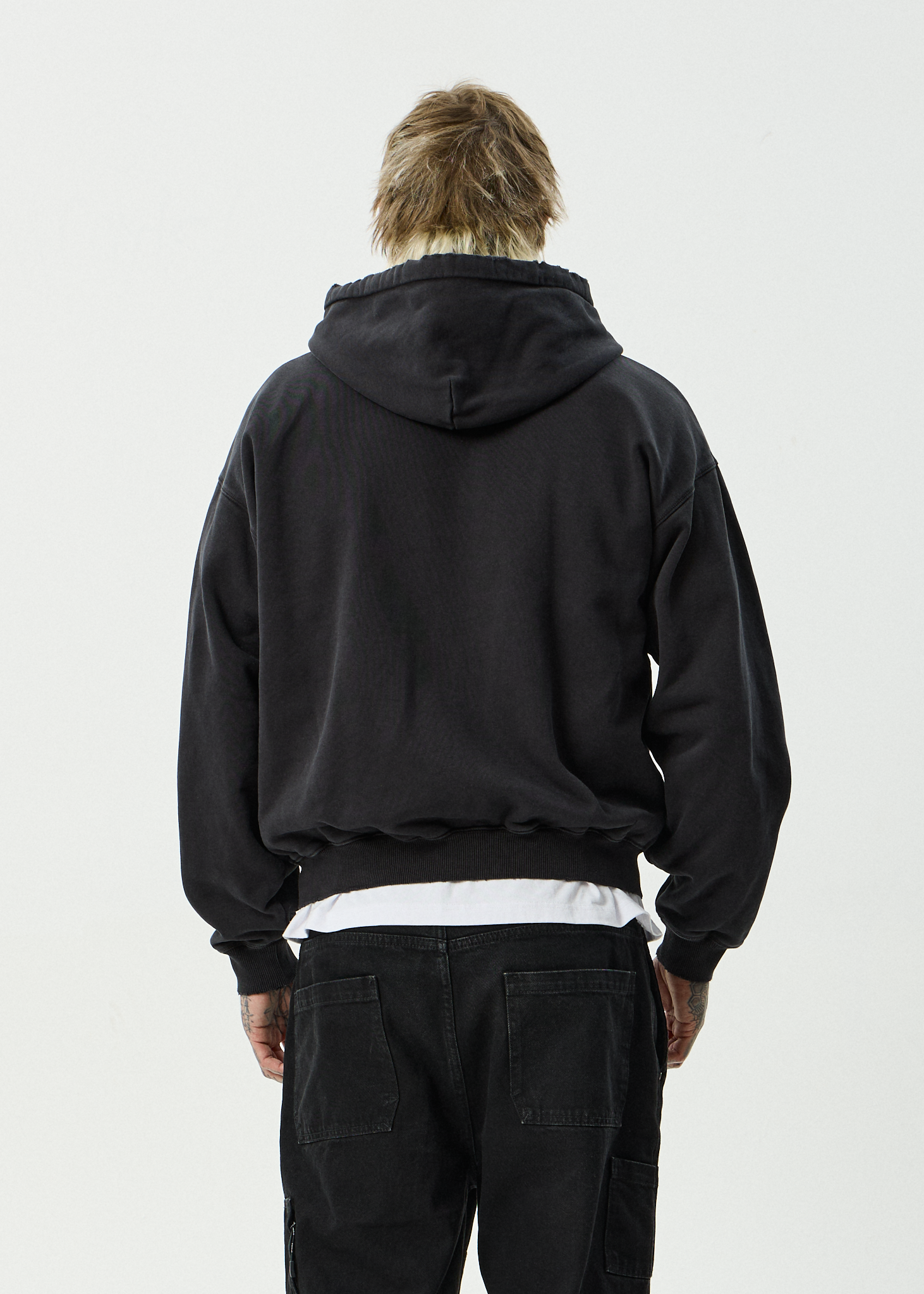 AFENDS Mens Residence - Recycled Heavyweight Boxy Zip Hood - Stone Black