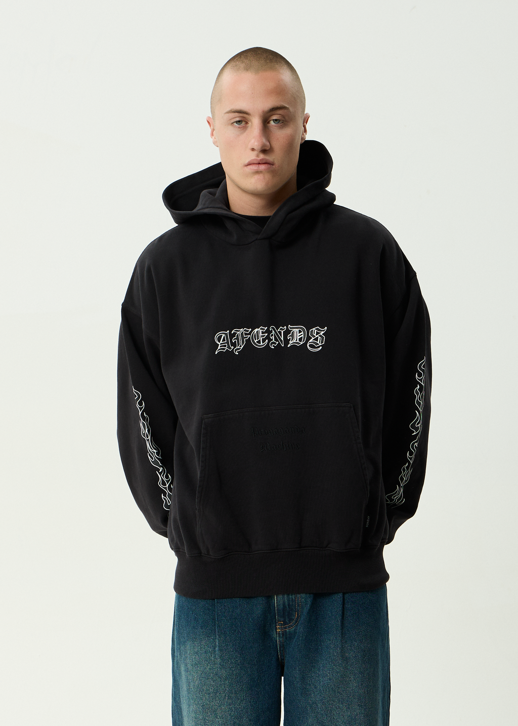 AFENDS Mens Machine - Boxy Pull On Hood - Stone Black