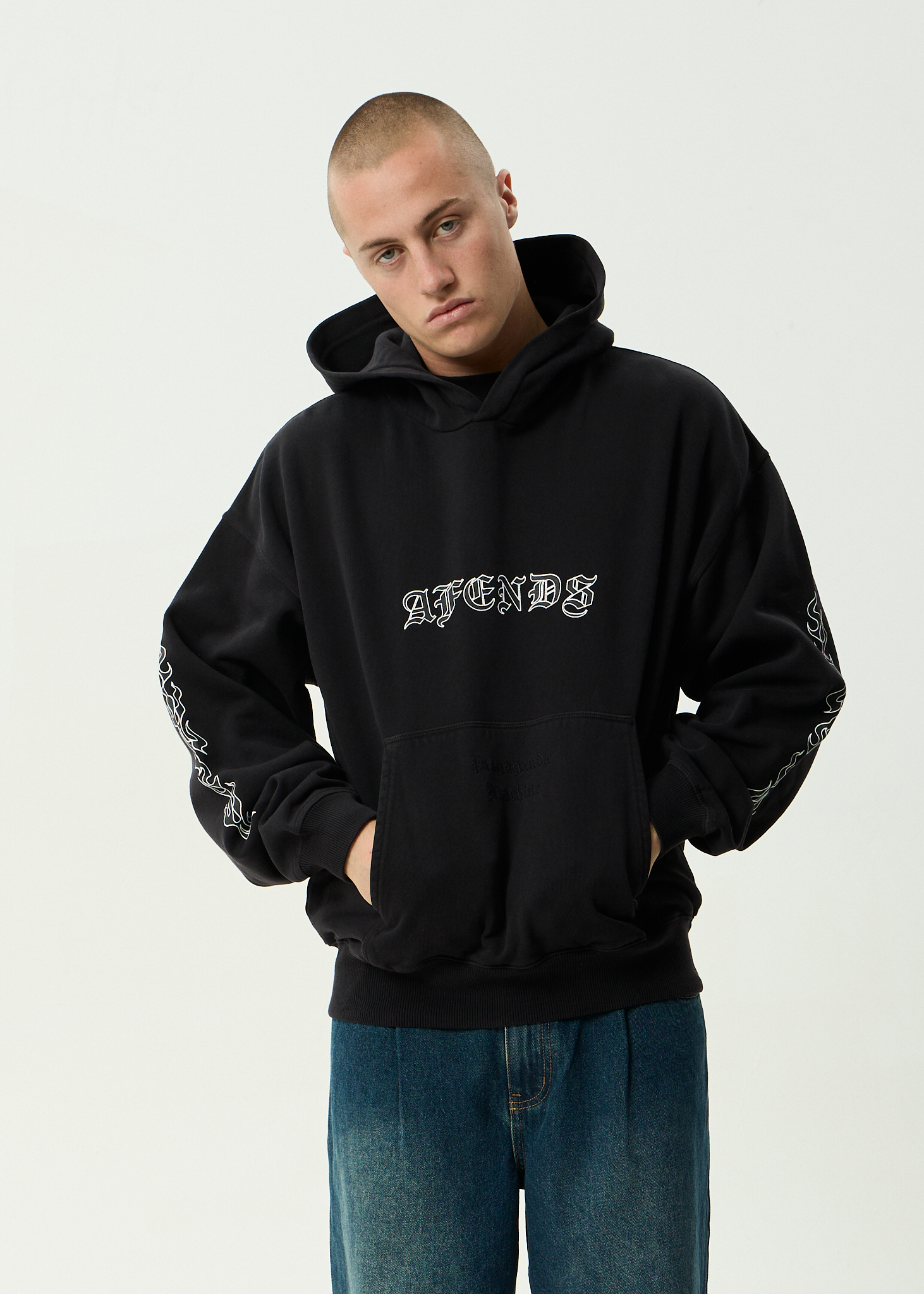 AFENDS Mens Machine - Boxy Pull On Hood - Stone Black