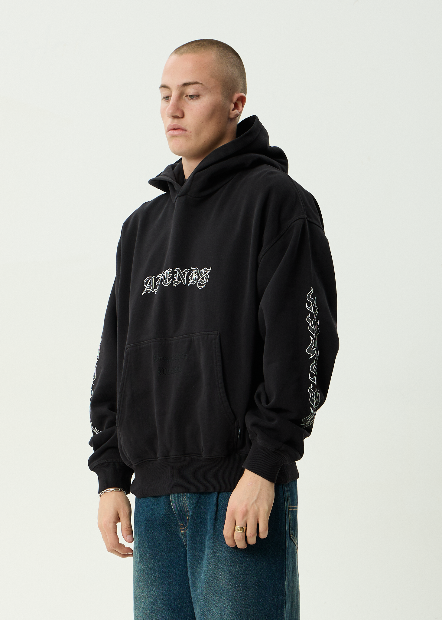 AFENDS Mens Machine - Boxy Pull On Hood - Stone Black