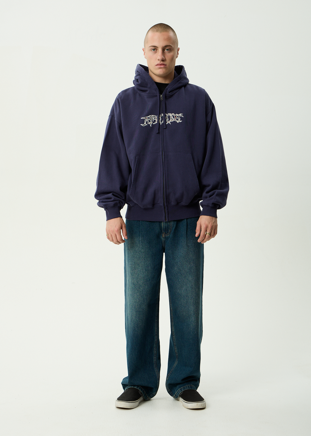 AFENDS Mens Kharma - Boxy Zip Hood - Washed Deep Sea