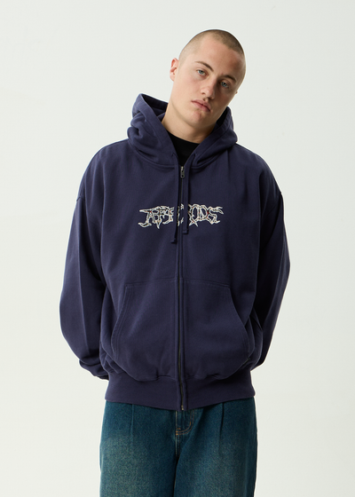 AFENDS Mens Kharma - Boxy Zip Hood - Washed Deep Sea