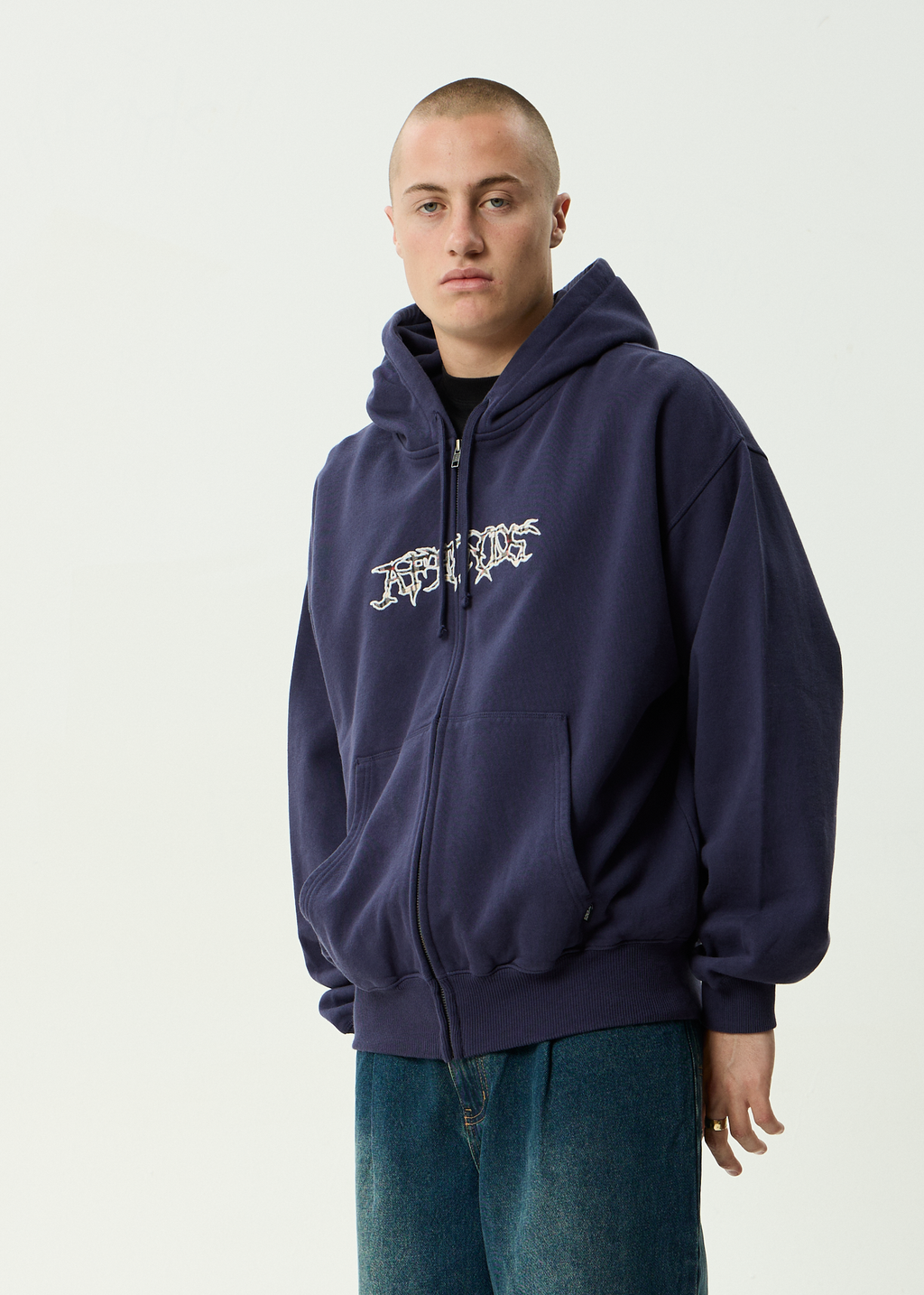 AFENDS Mens Kharma - Boxy Zip Hood - Washed Deep Sea