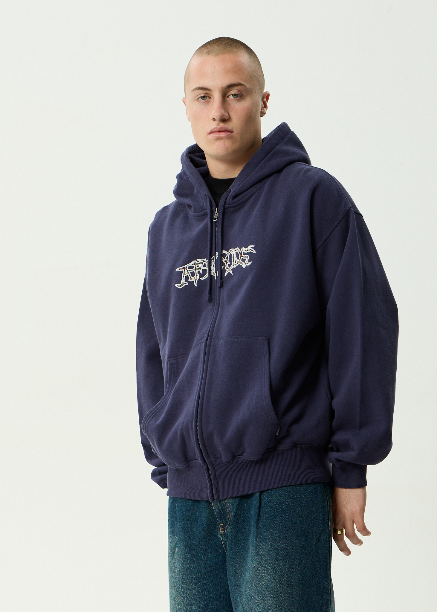 AFENDS Mens Kharma - Boxy Zip Hood - Washed Deep Sea