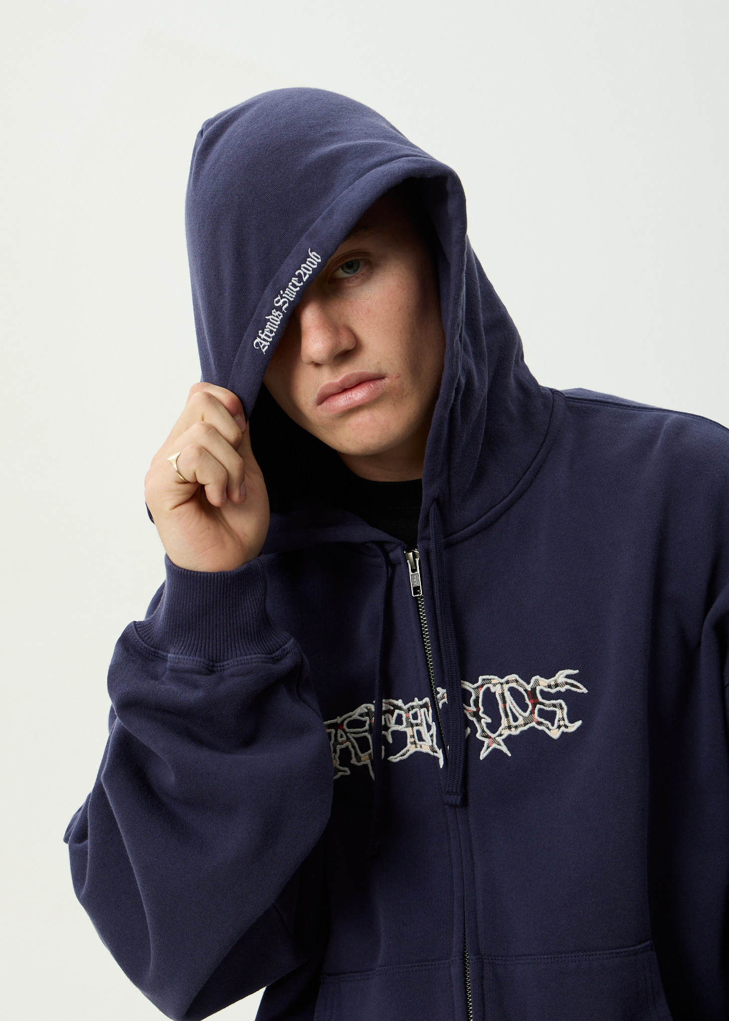 AFENDS Mens Kharma - Boxy Zip Hood - Washed Deep Sea