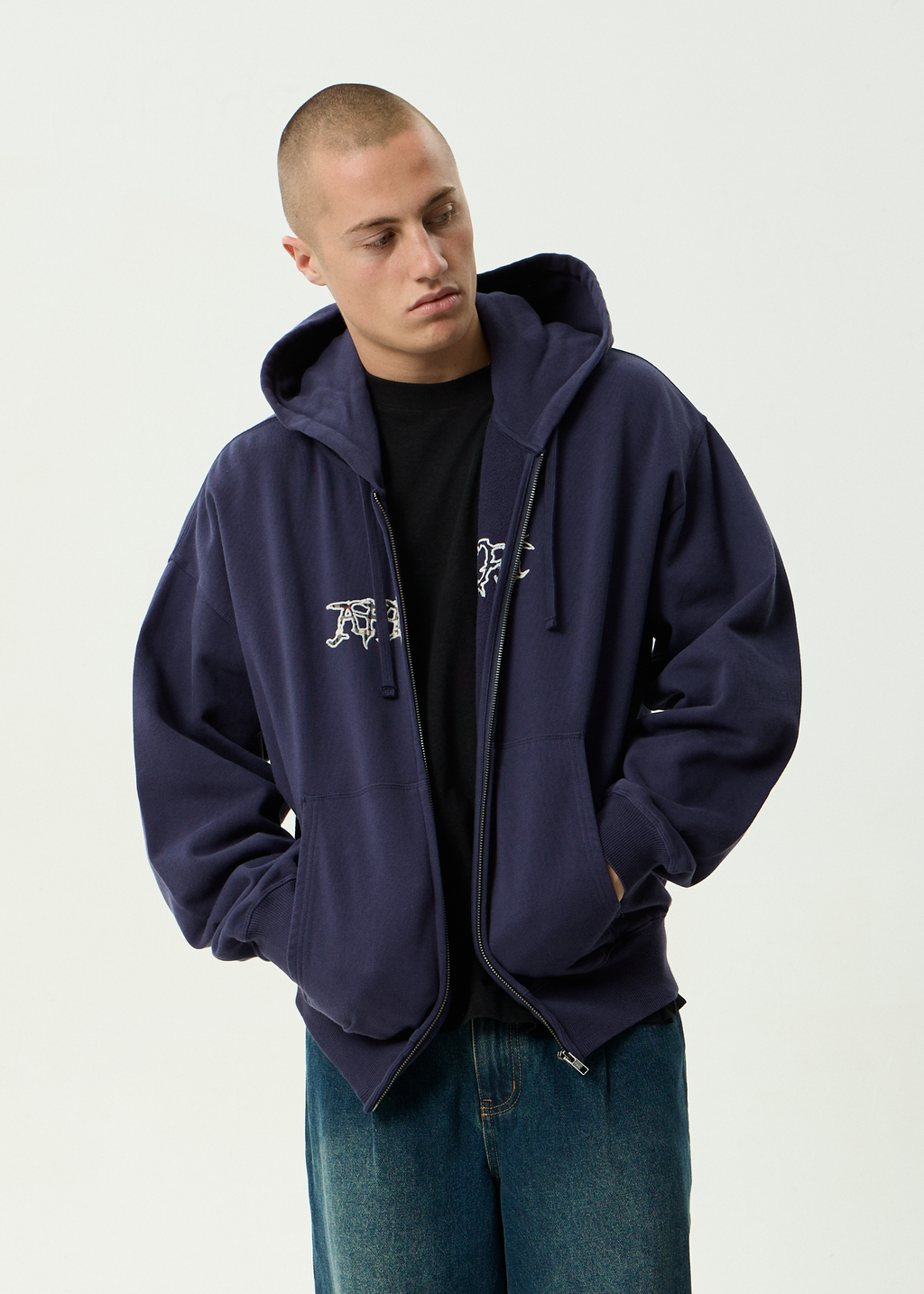 AFENDS Mens Kharma - Boxy Zip Hood - Washed Deep Sea