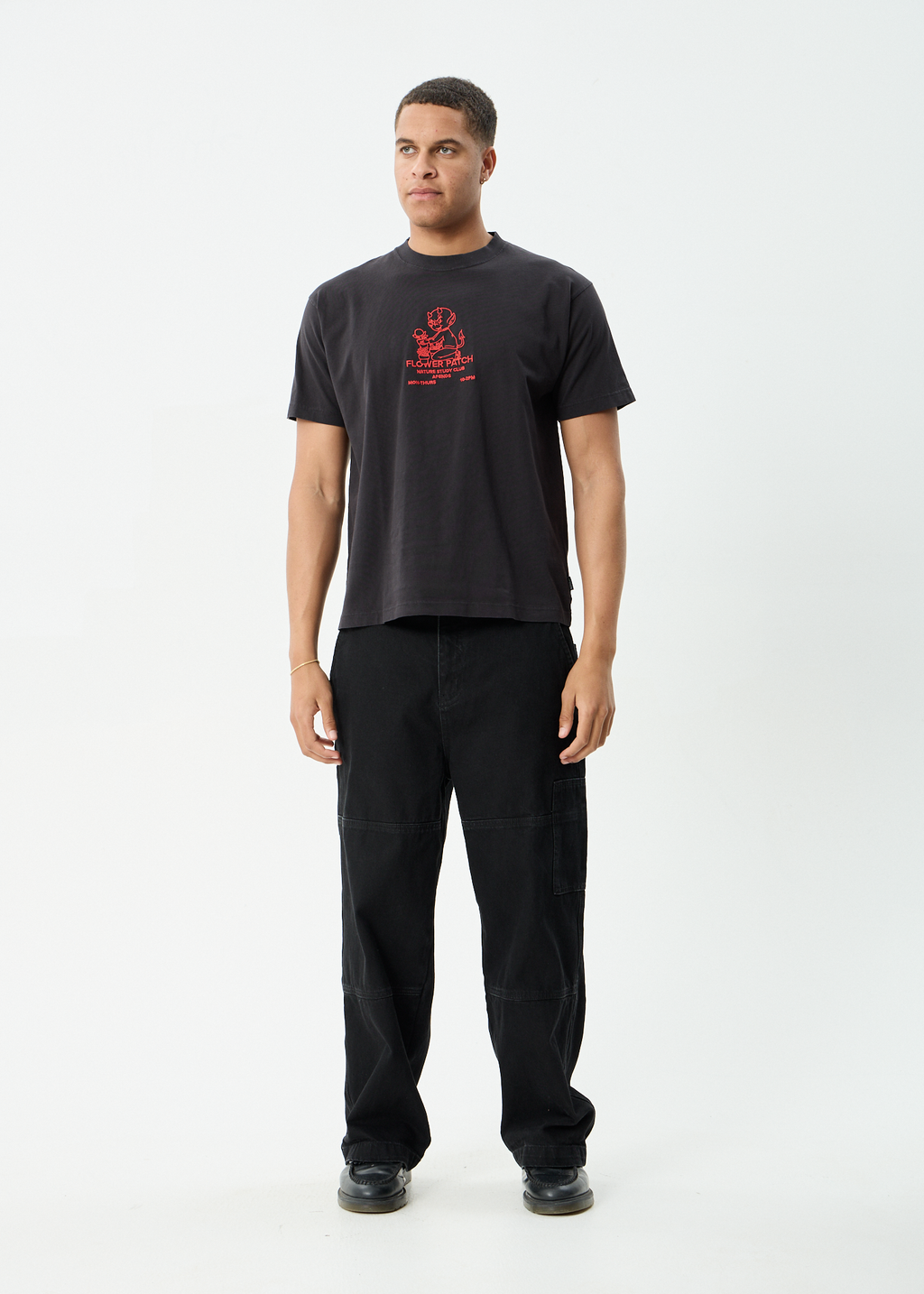 AFENDS Mens Flower Patch - Heavyweight Boxy Tee - Stone Black
