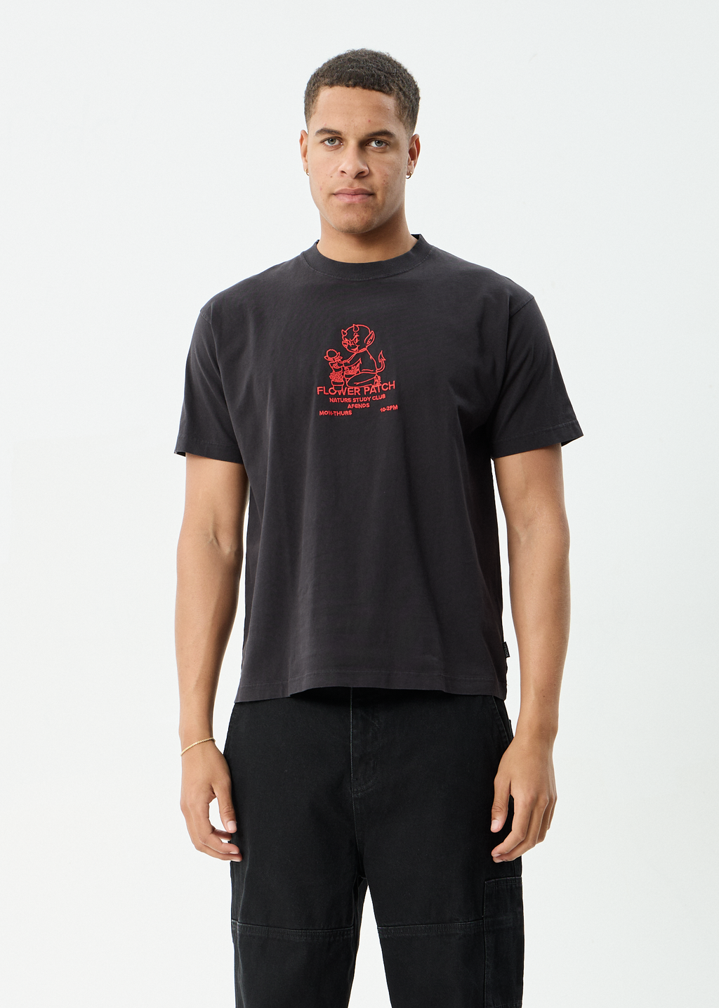 AFENDS Mens Flower Patch - Heavyweight Boxy Tee - Stone Black