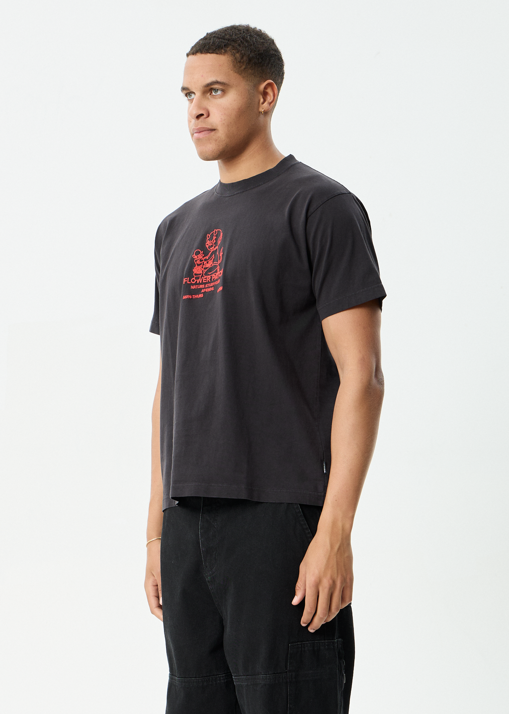 AFENDS Mens Flower Patch - Heavyweight Boxy Tee - Stone Black
