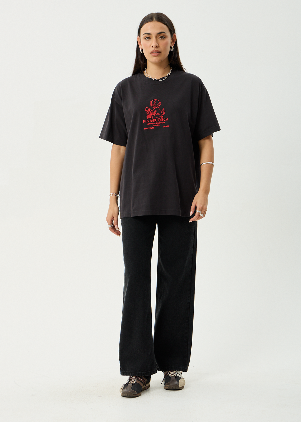 AFENDS Mens Flower Patch - Heavyweight Boxy Tee - Stone Black