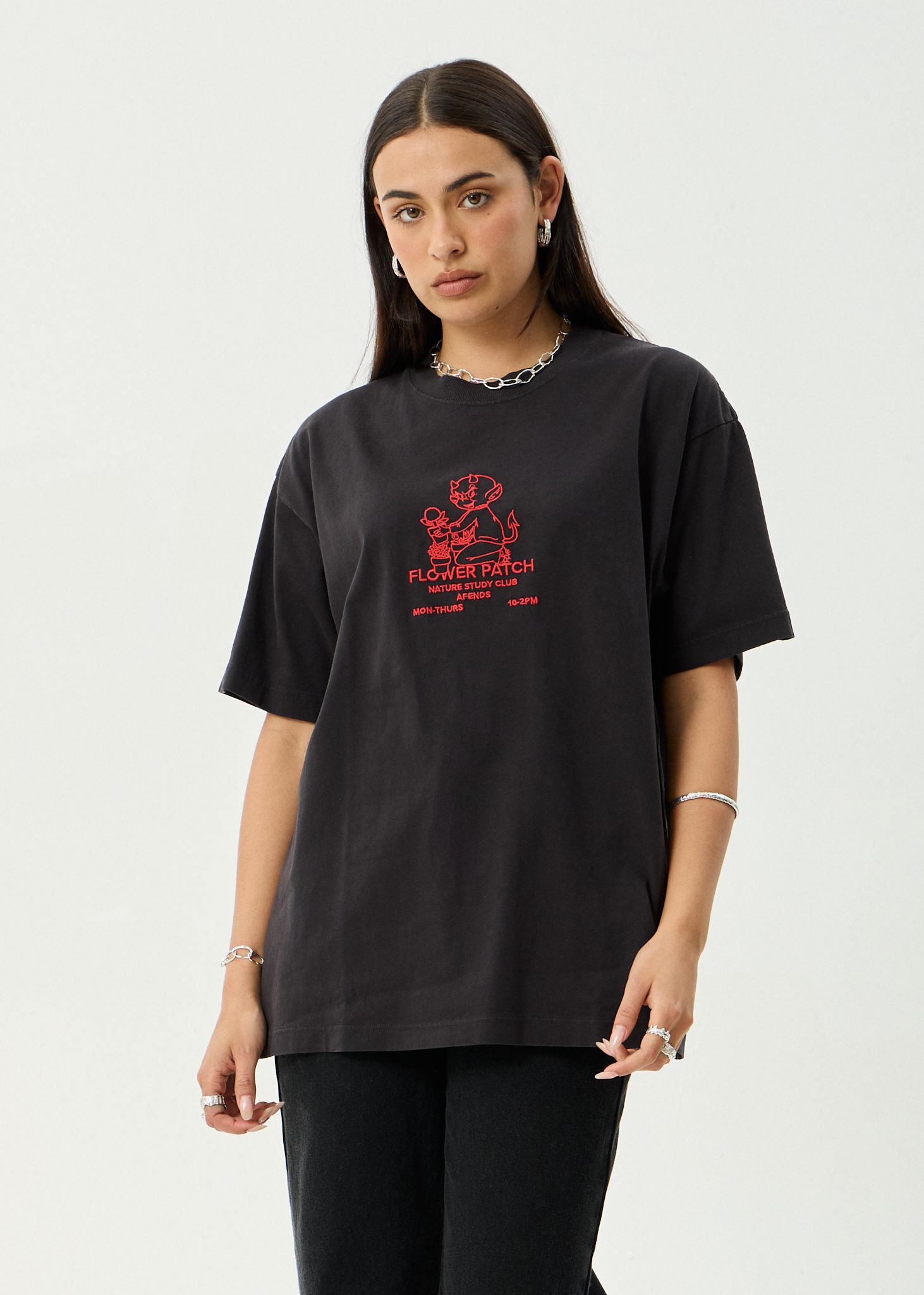 AFENDS Mens Flower Patch - Heavyweight Boxy Tee - Stone Black