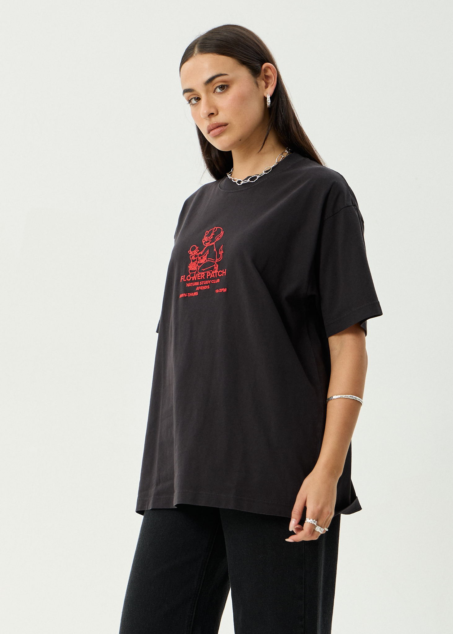 AFENDS Mens Flower Patch - Heavyweight Boxy Tee - Stone Black