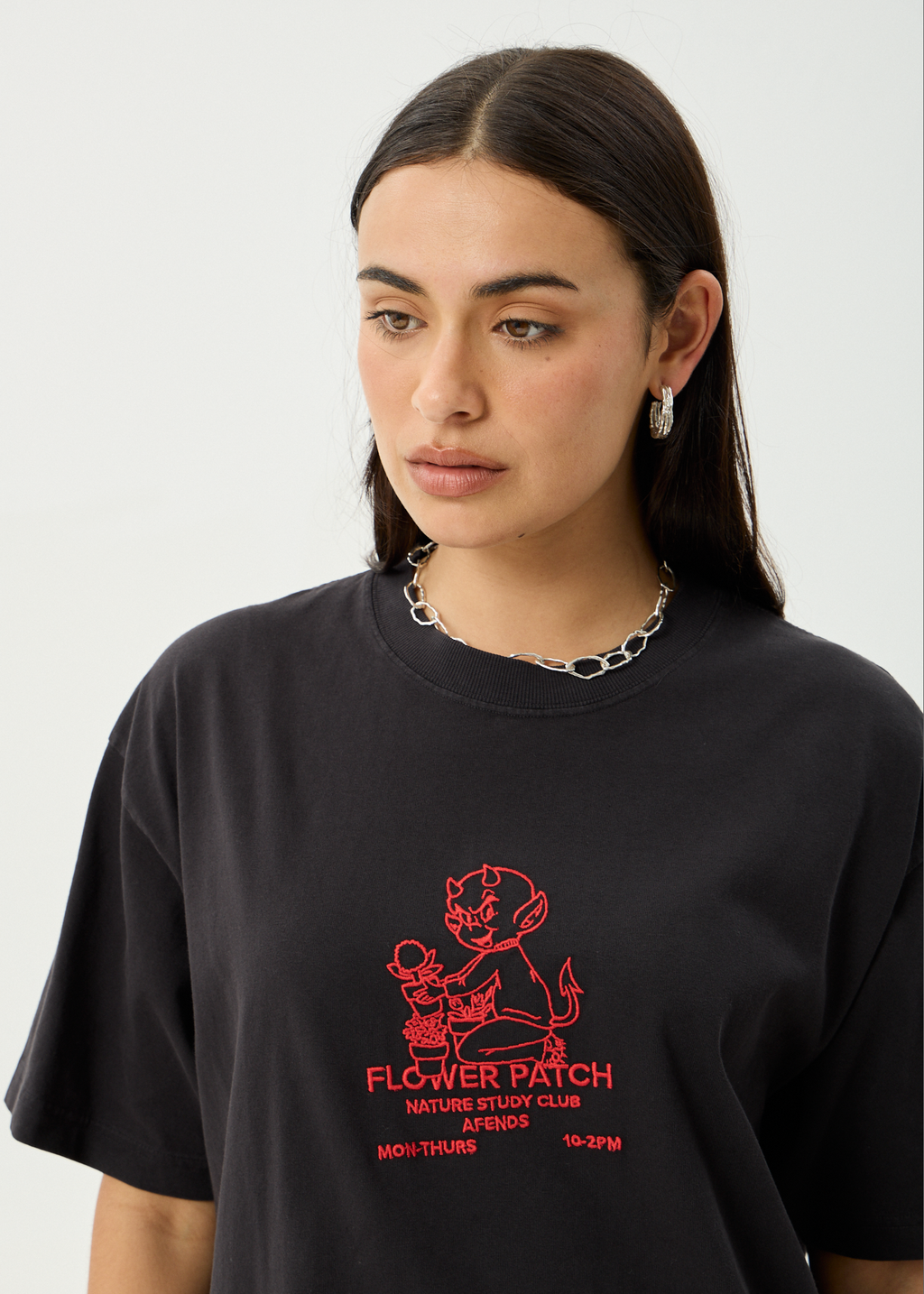 AFENDS Mens Flower Patch - Heavyweight Boxy Tee - Stone Black