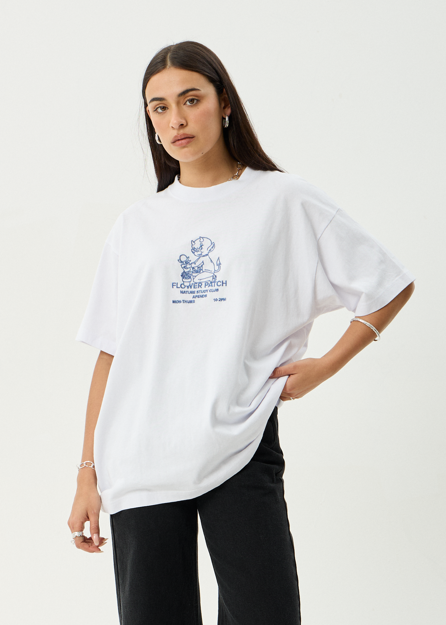 AFENDS Mens Flower Patch - Heavyweight Boxy Tee - White