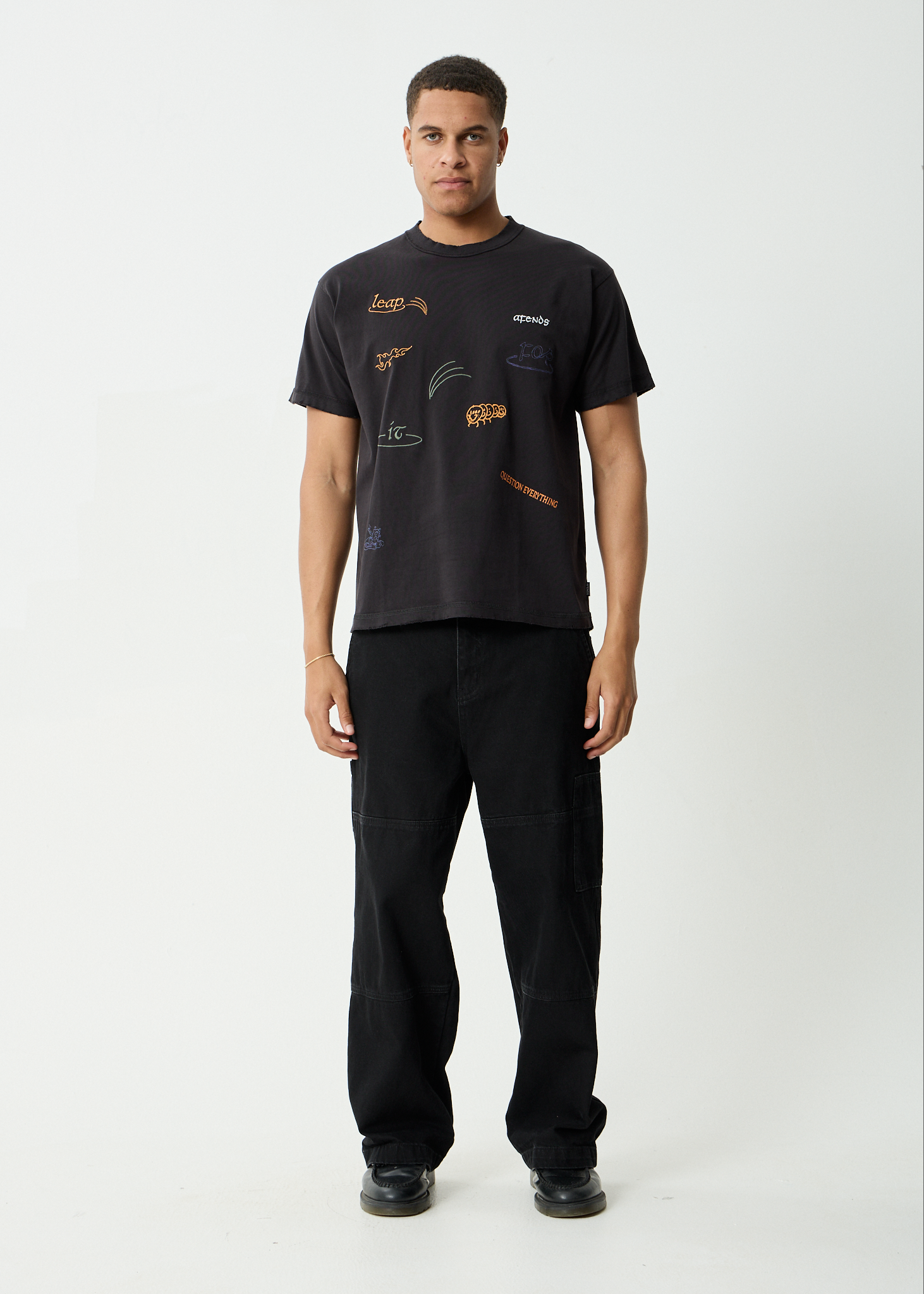 AFENDS Mens Leap - Heavyweight Boxy Tee - Stone Black