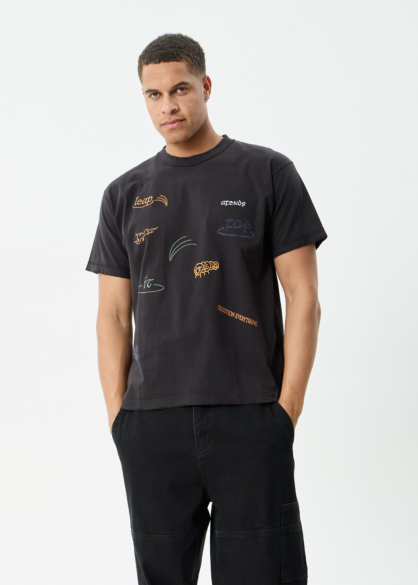 AFENDS Mens Leap - Heavyweight Boxy Tee - Stone Black