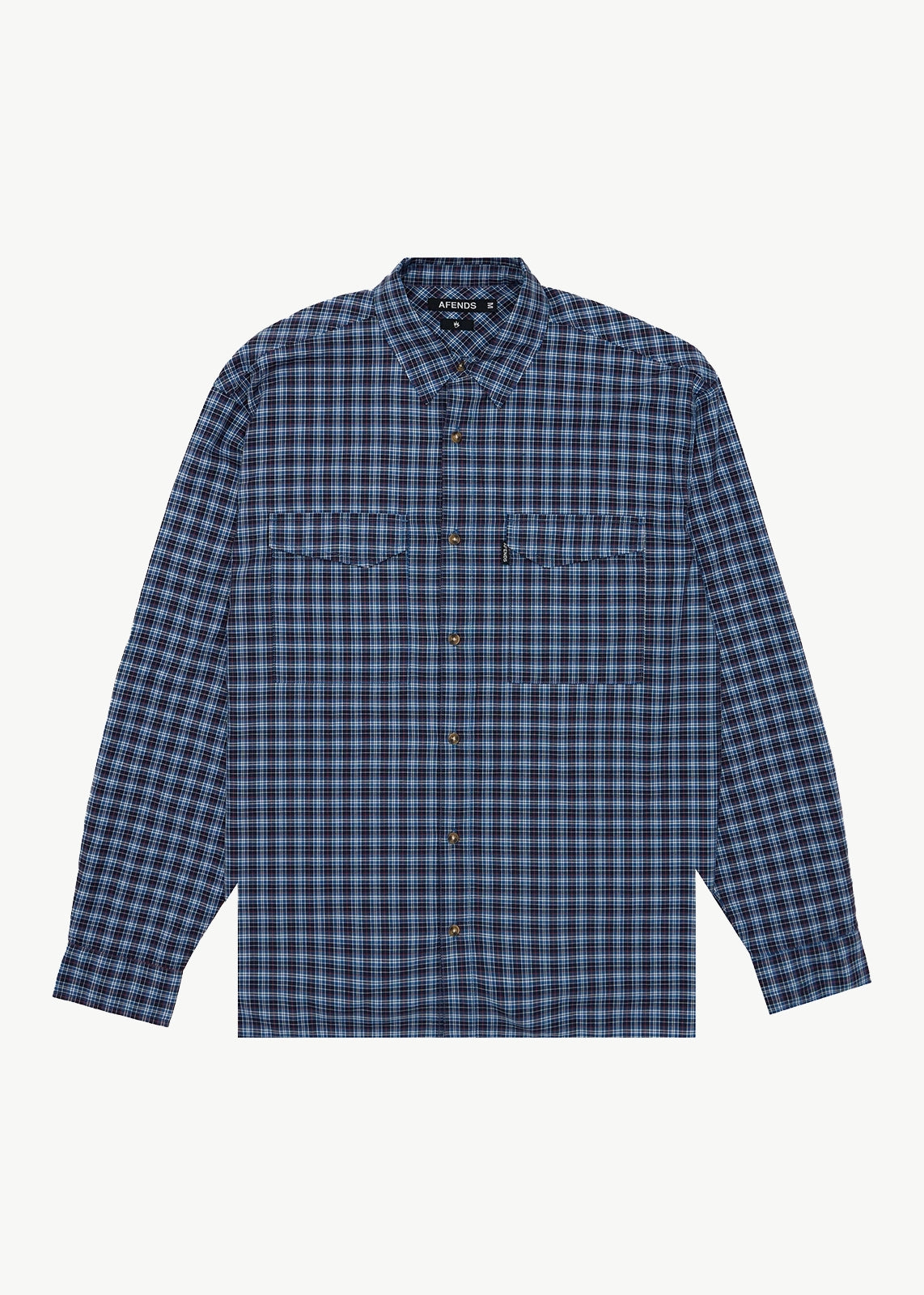 AFENDS Mens Mountains - Oversized Long Sleeve Shirt - Navy Check