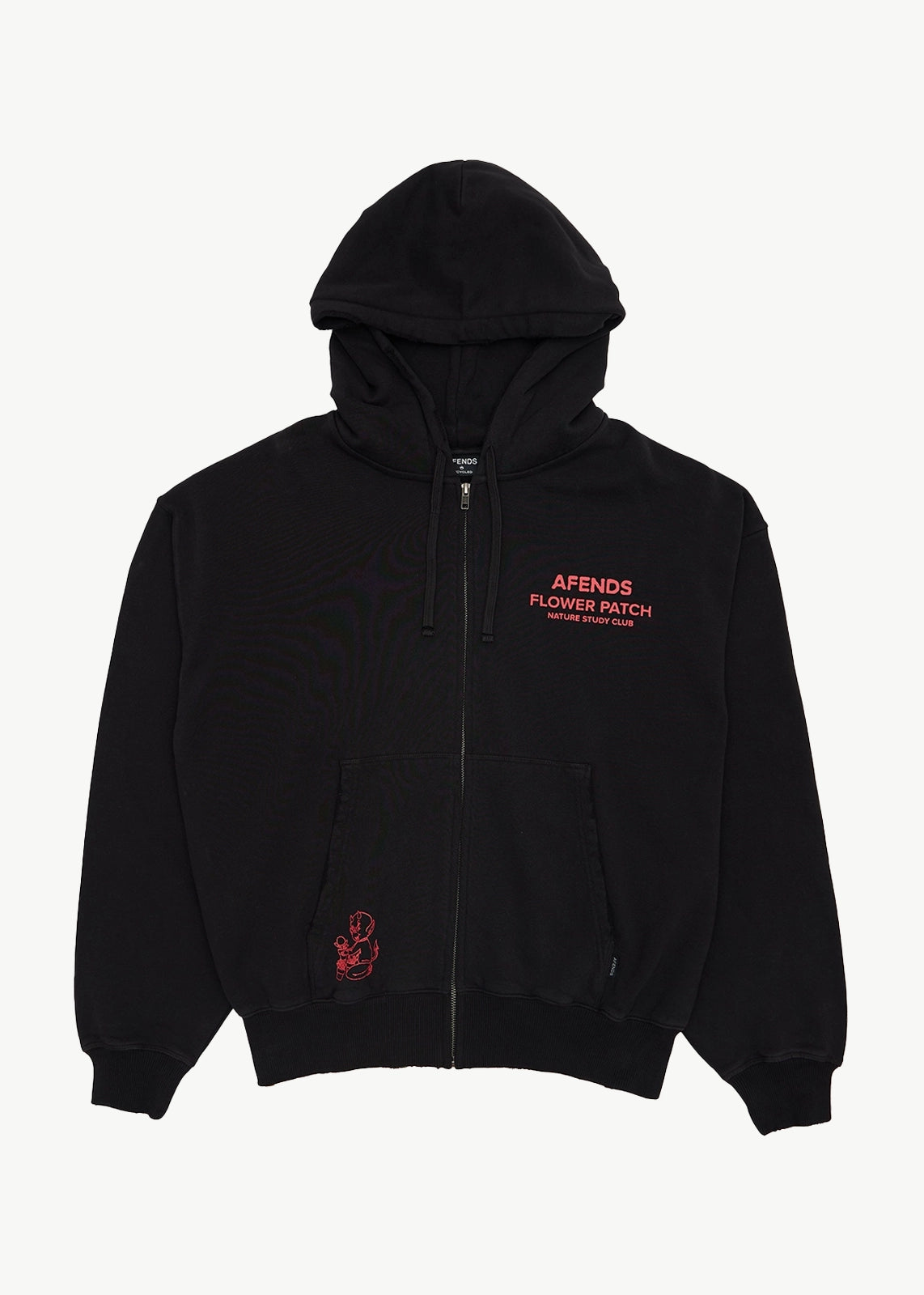 AFENDS Mens Flower Patch - Boxy Zip Hood - Stone Black