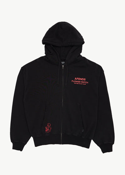 AFENDS Mens Flower Patch - Boxy Zip Hood - Stone Black