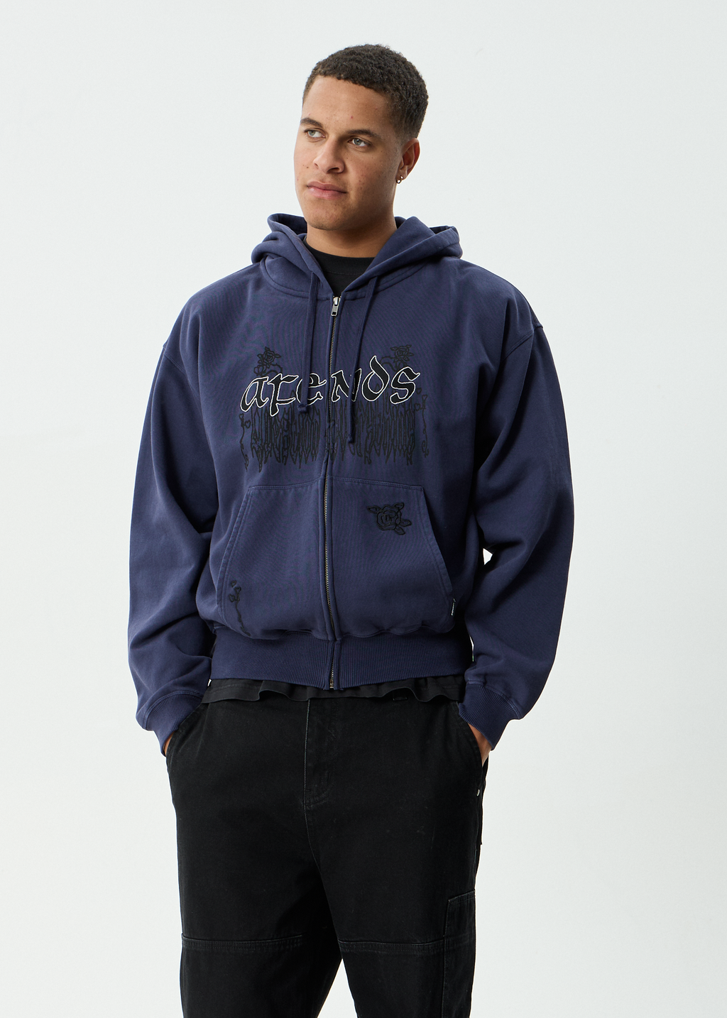 AFENDS Mens Pent-A-Gone - Boxy Zip Hood - Washed Deep Sea