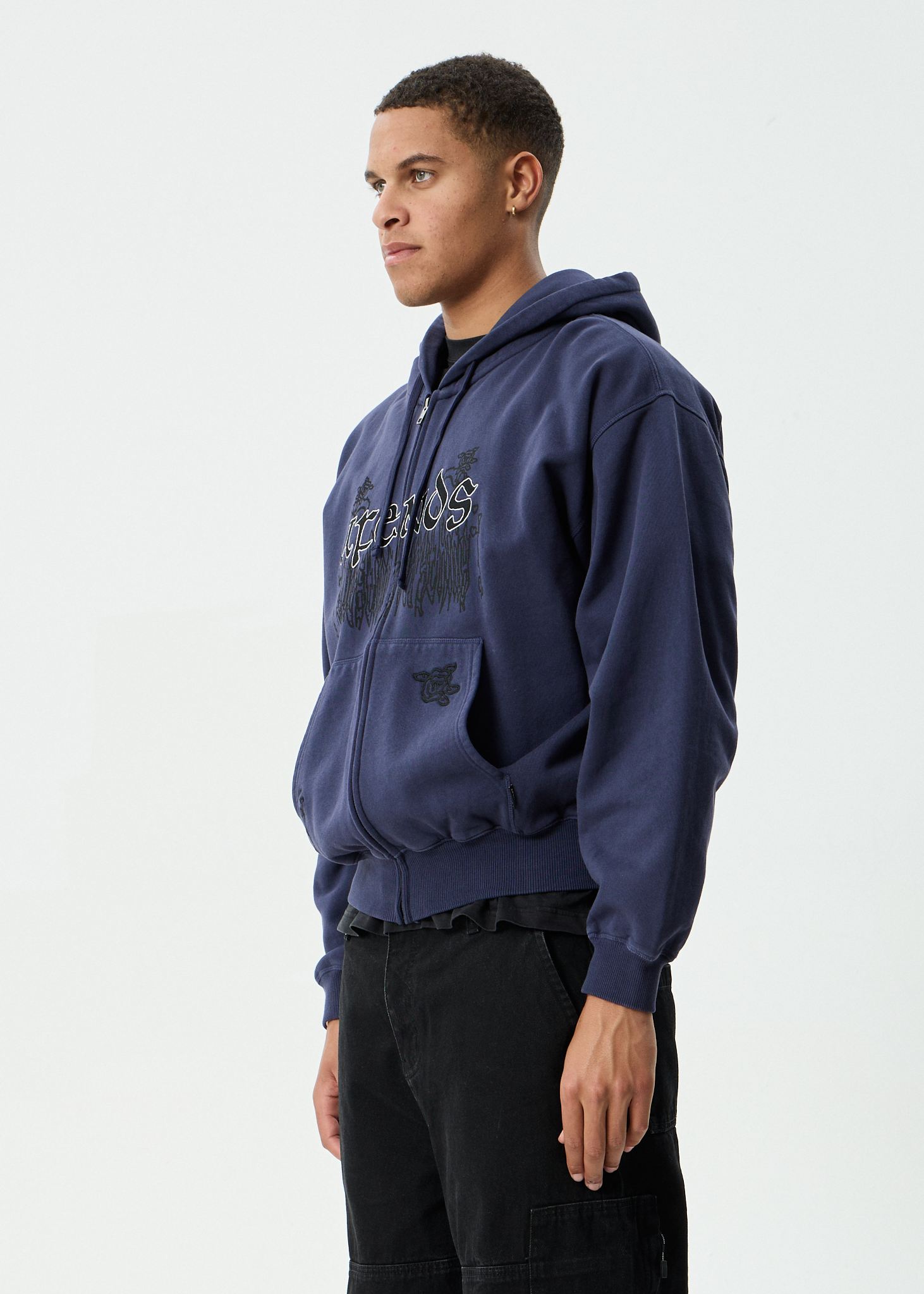 AFENDS Mens Pent-A-Gone - Boxy Zip Hood - Washed Deep Sea