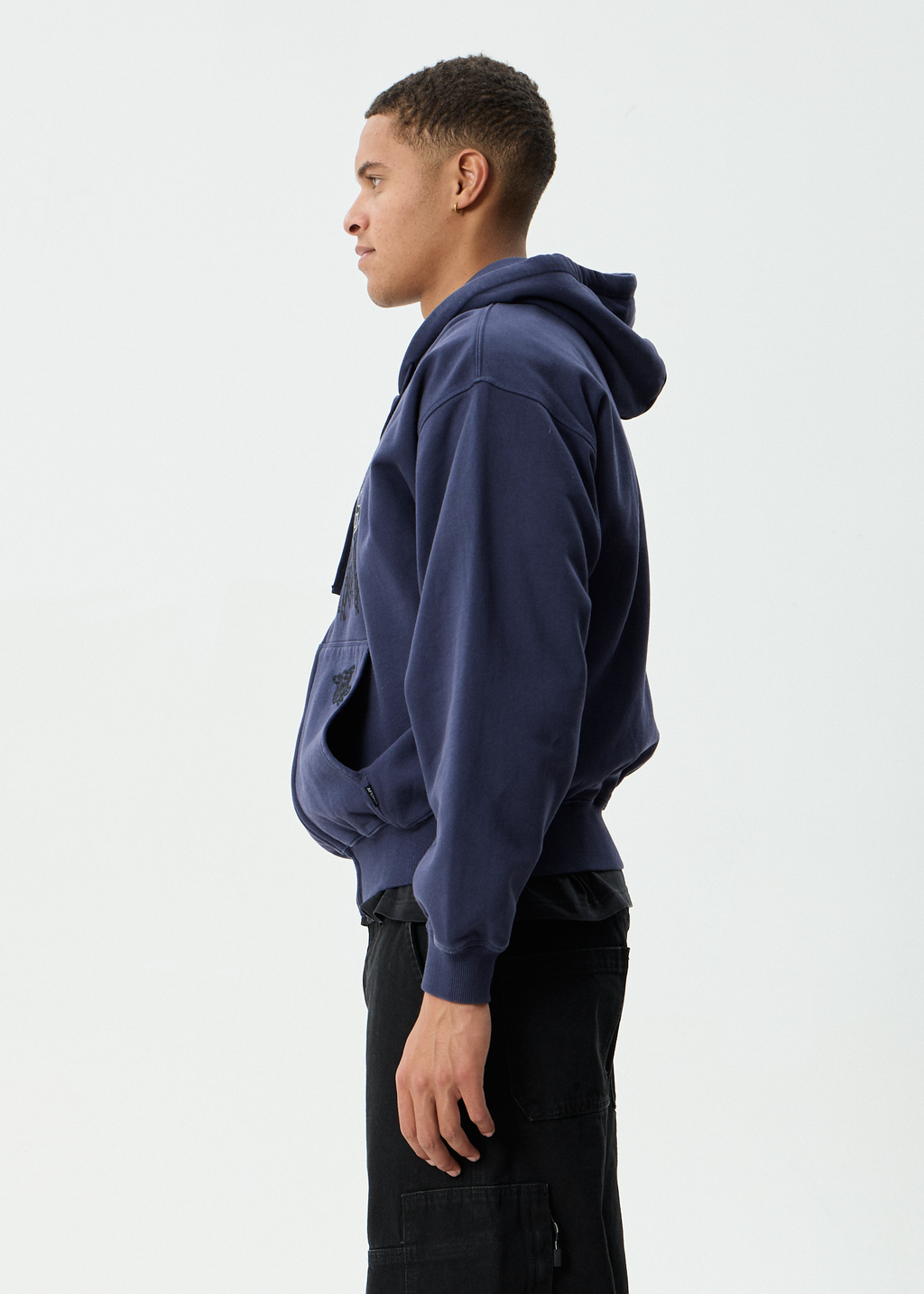 AFENDS Mens Pent-A-Gone - Boxy Zip Hood - Washed Deep Sea