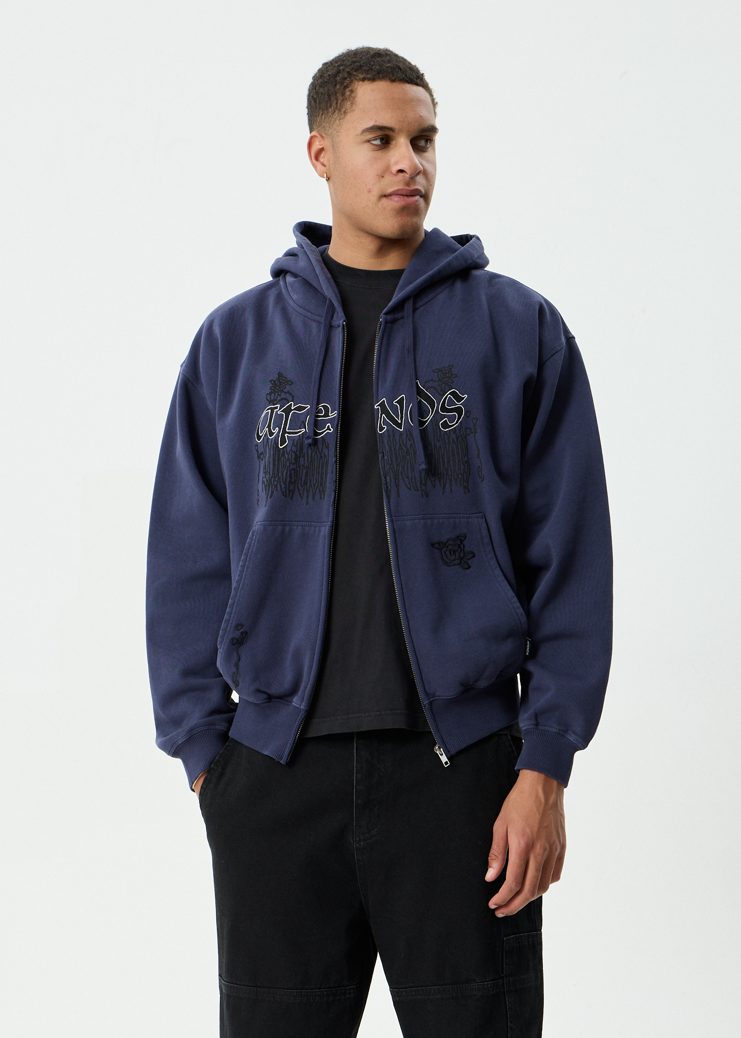 AFENDS Mens Pent-A-Gone - Boxy Zip Hood - Washed Deep Sea