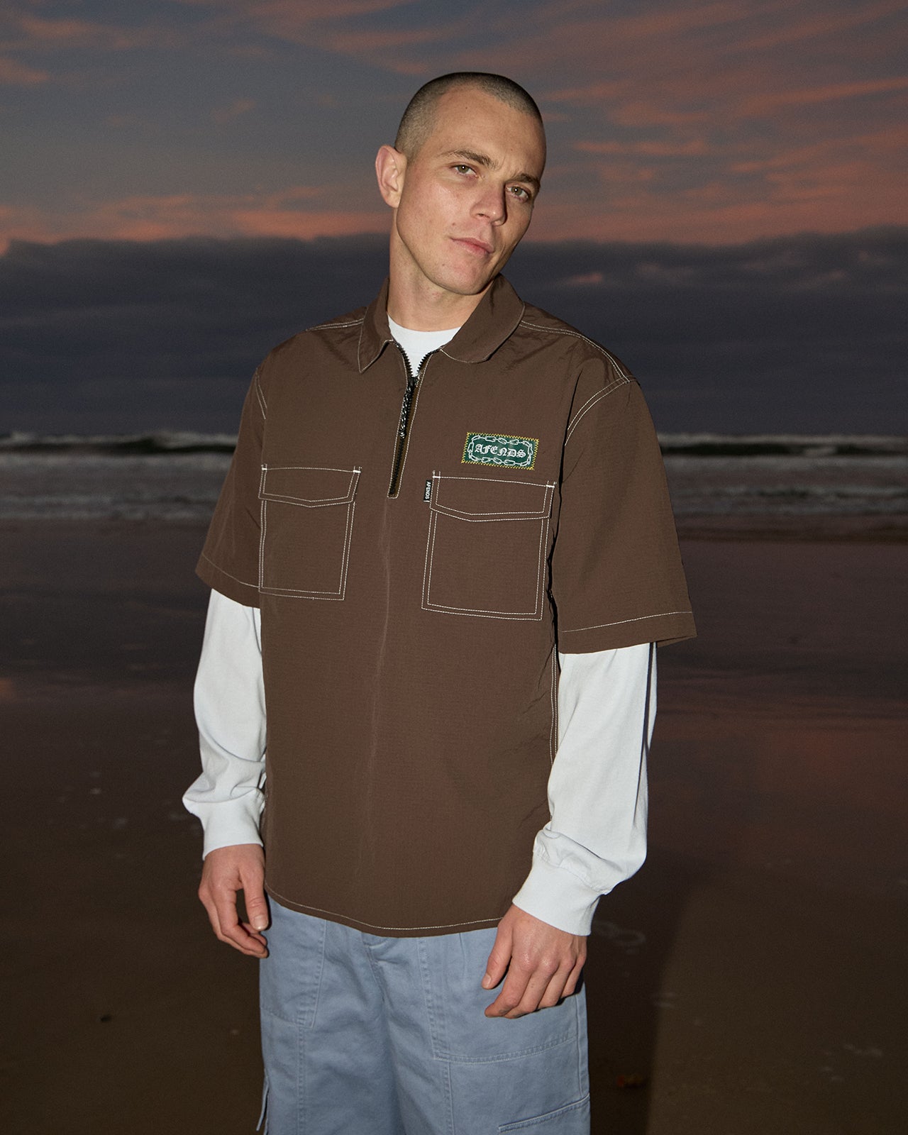 AFENDS Mens Equipment - Workwear Short Sleeve Shirt - Coffee